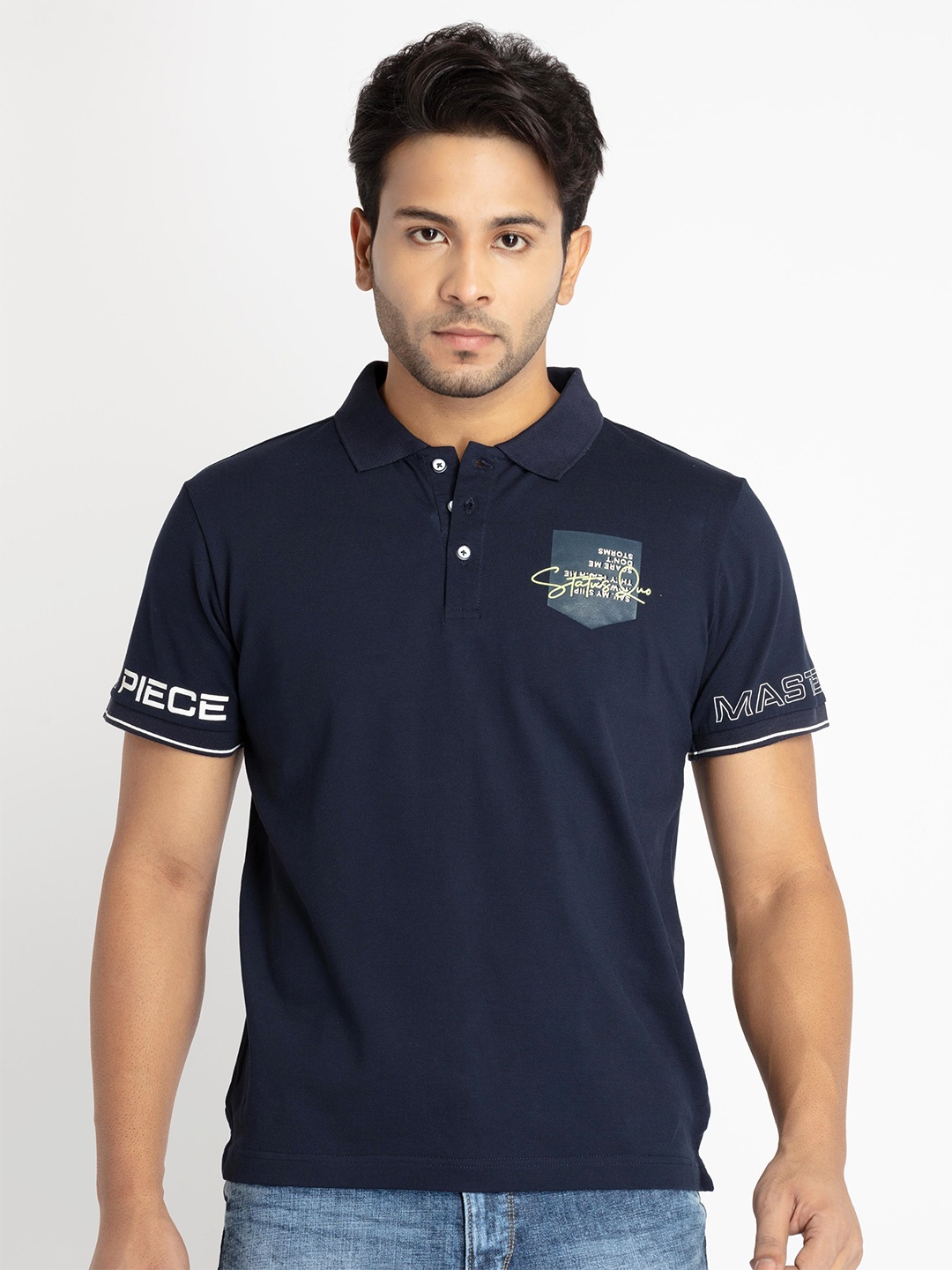 

Status Quo Men Typography Printed Polo Collar T-shirt, Navy blue