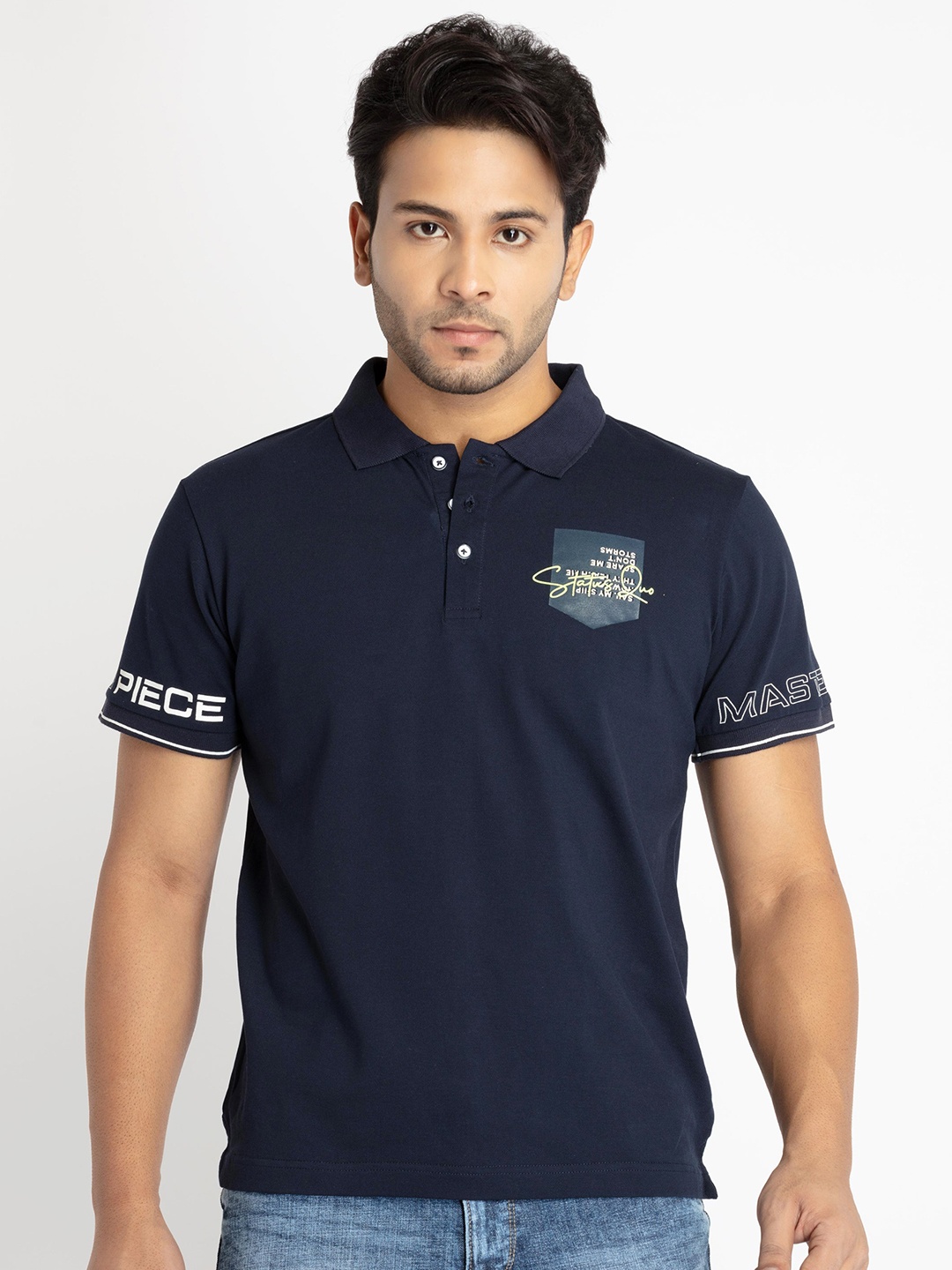 

Status Quo Men Plus Size Typography Printed Polo Collar T-shirt, Navy blue