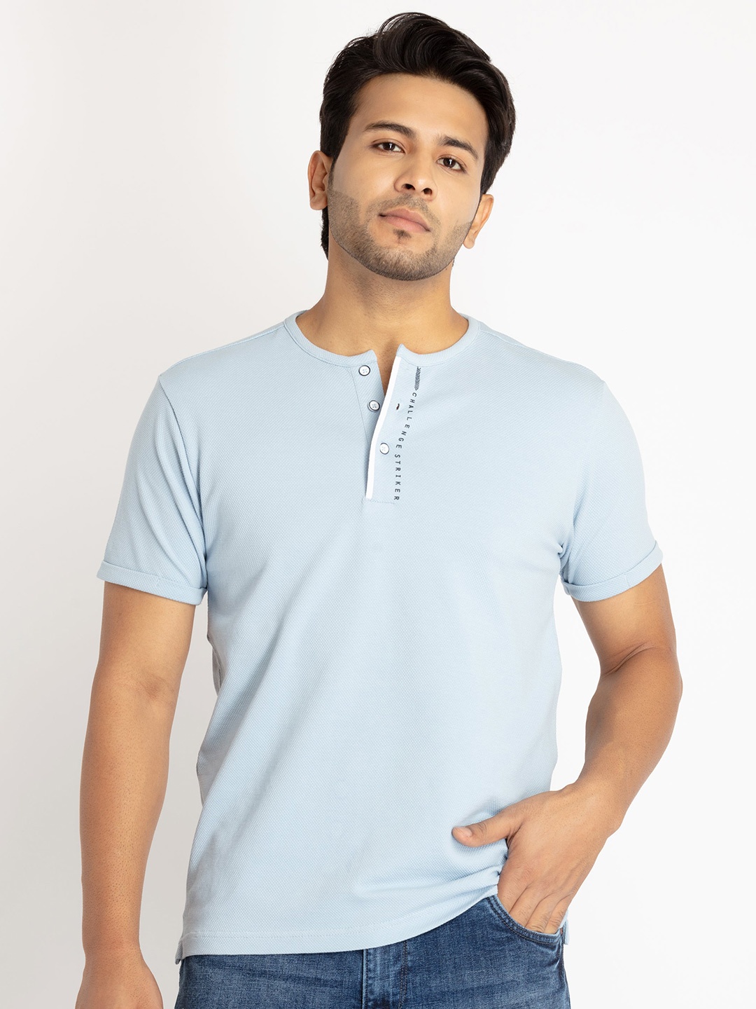 

Status Quo Men Henley Neck Cotton T-shirt, Blue