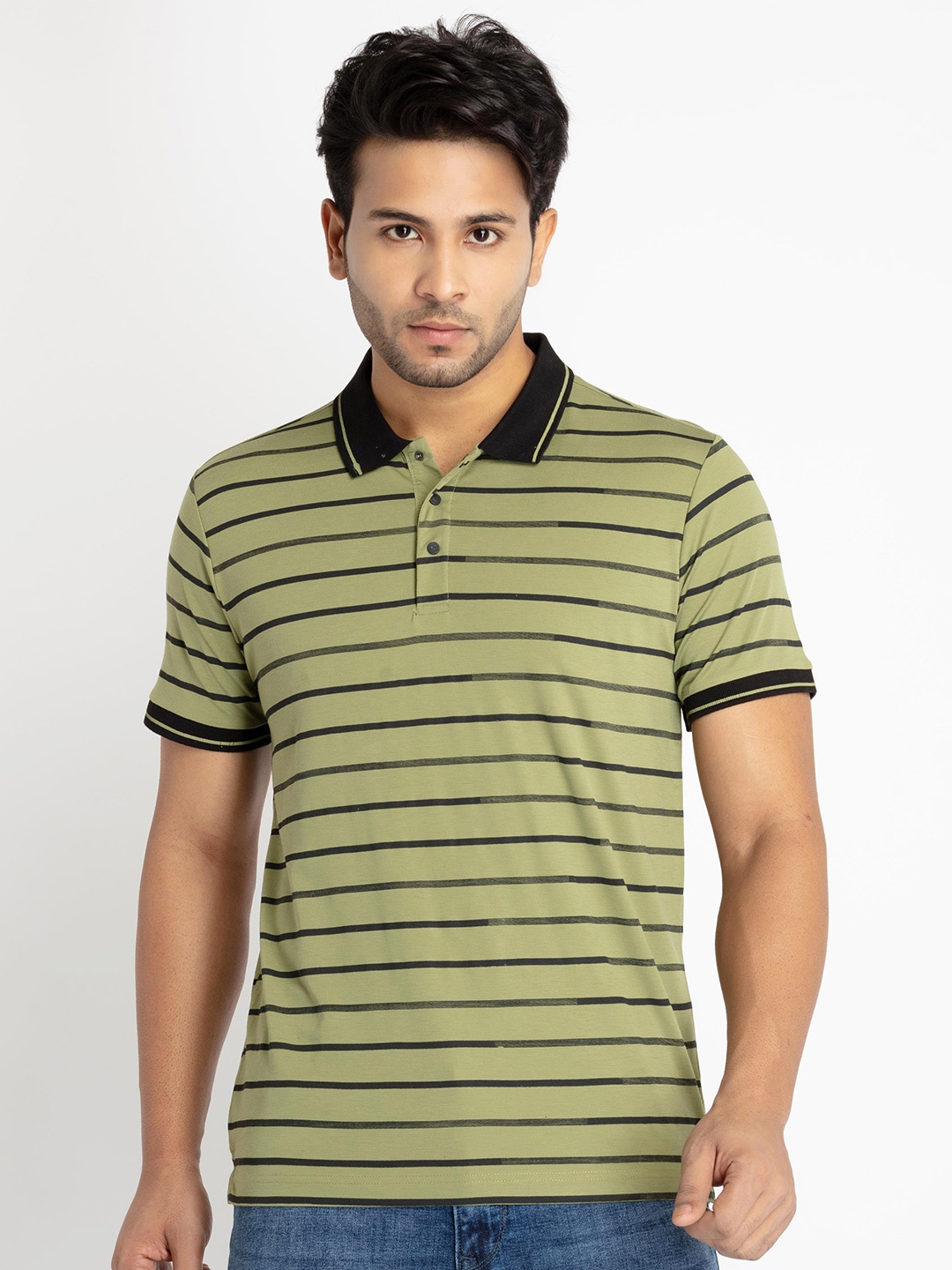 

Status Quo Men Striped Polo Collar T-shirt, Green