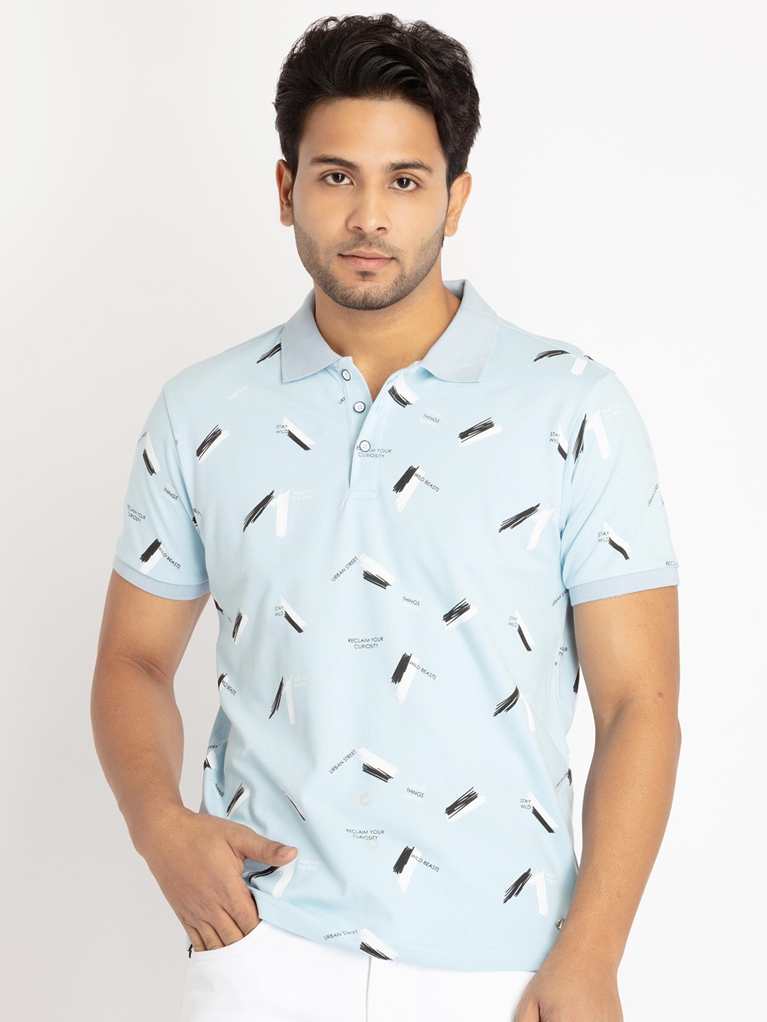 

Status Quo Men Plus Size Printed Polo Collar Cotton T-shirt, Blue