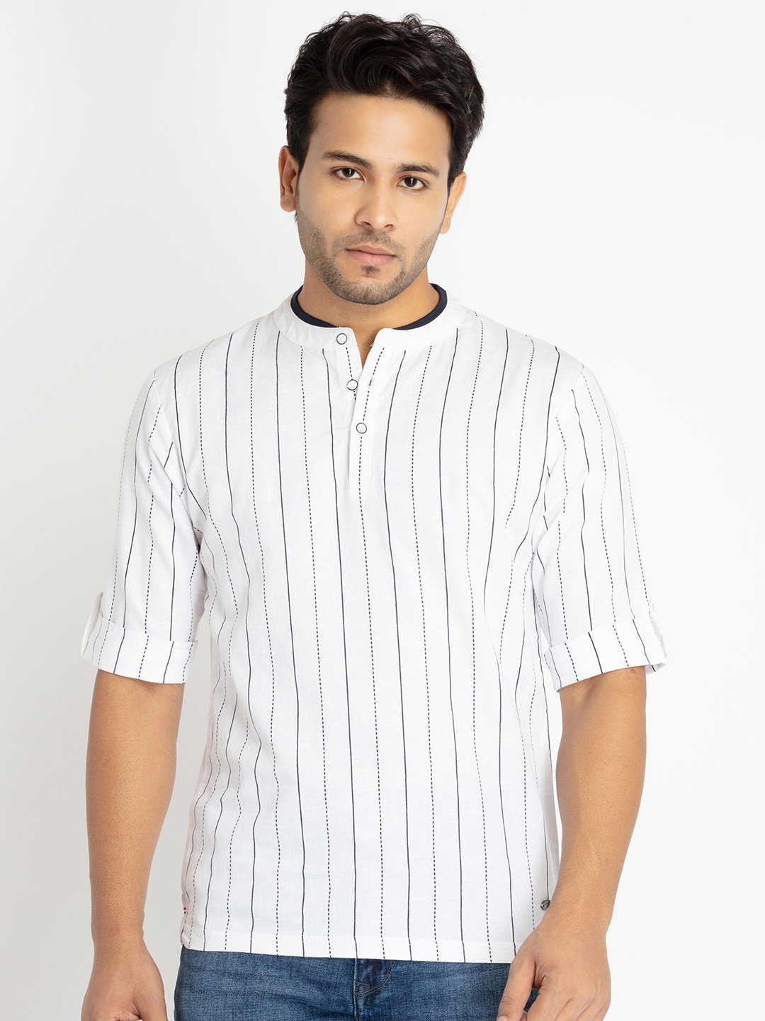 

Status Quo Men Plus Size Striped Henley Neck T-shirt, White