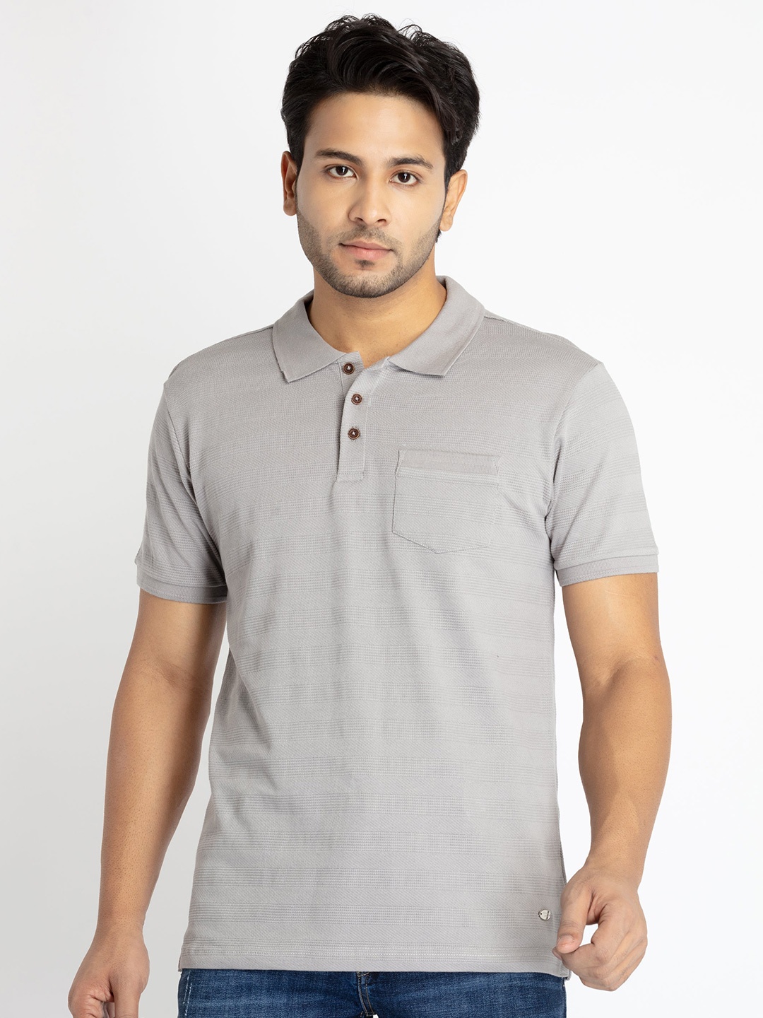 

Status Quo Men Striped Polo Collar T-shirt, Grey