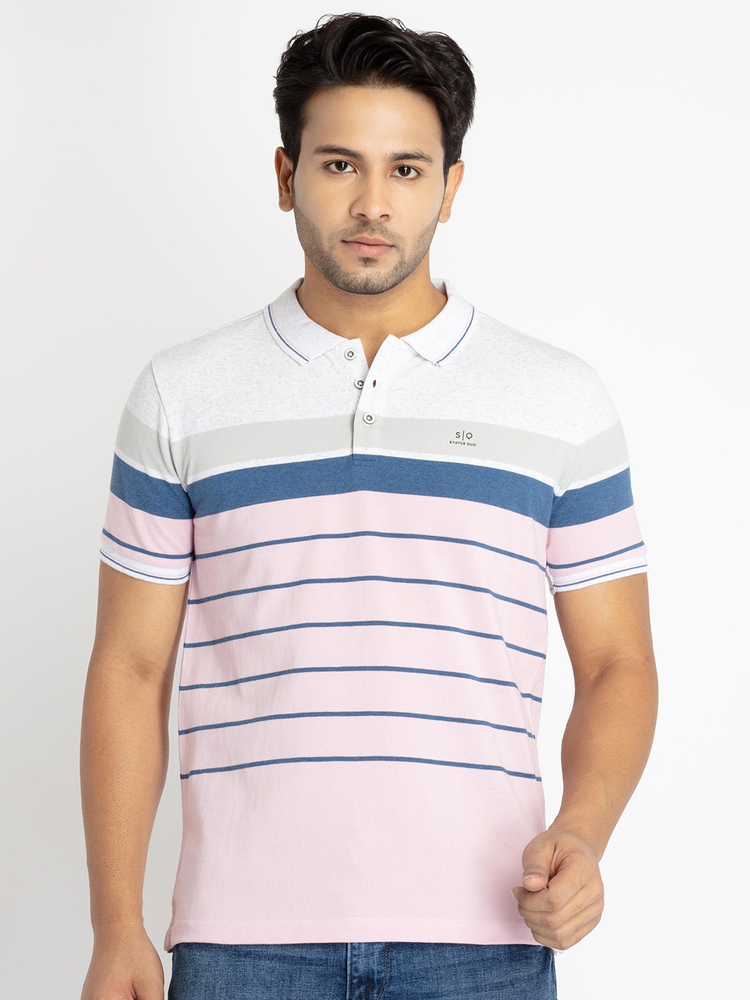 

Status Quo Men Striped Polo Collar Cotton T-shirt, Pink