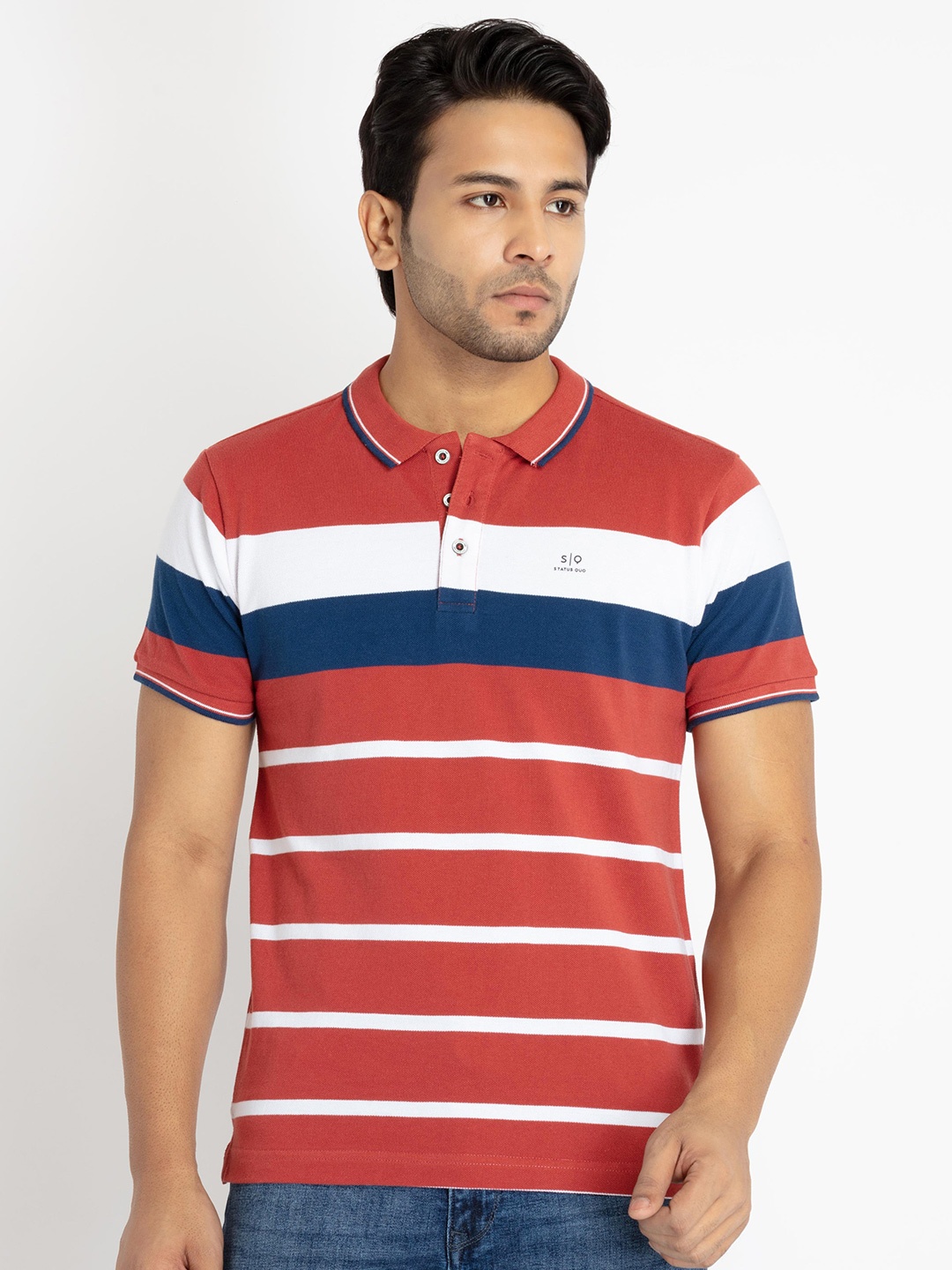 

Status Quo Men Striped Polo Collar Cotton T-shirt, Rust