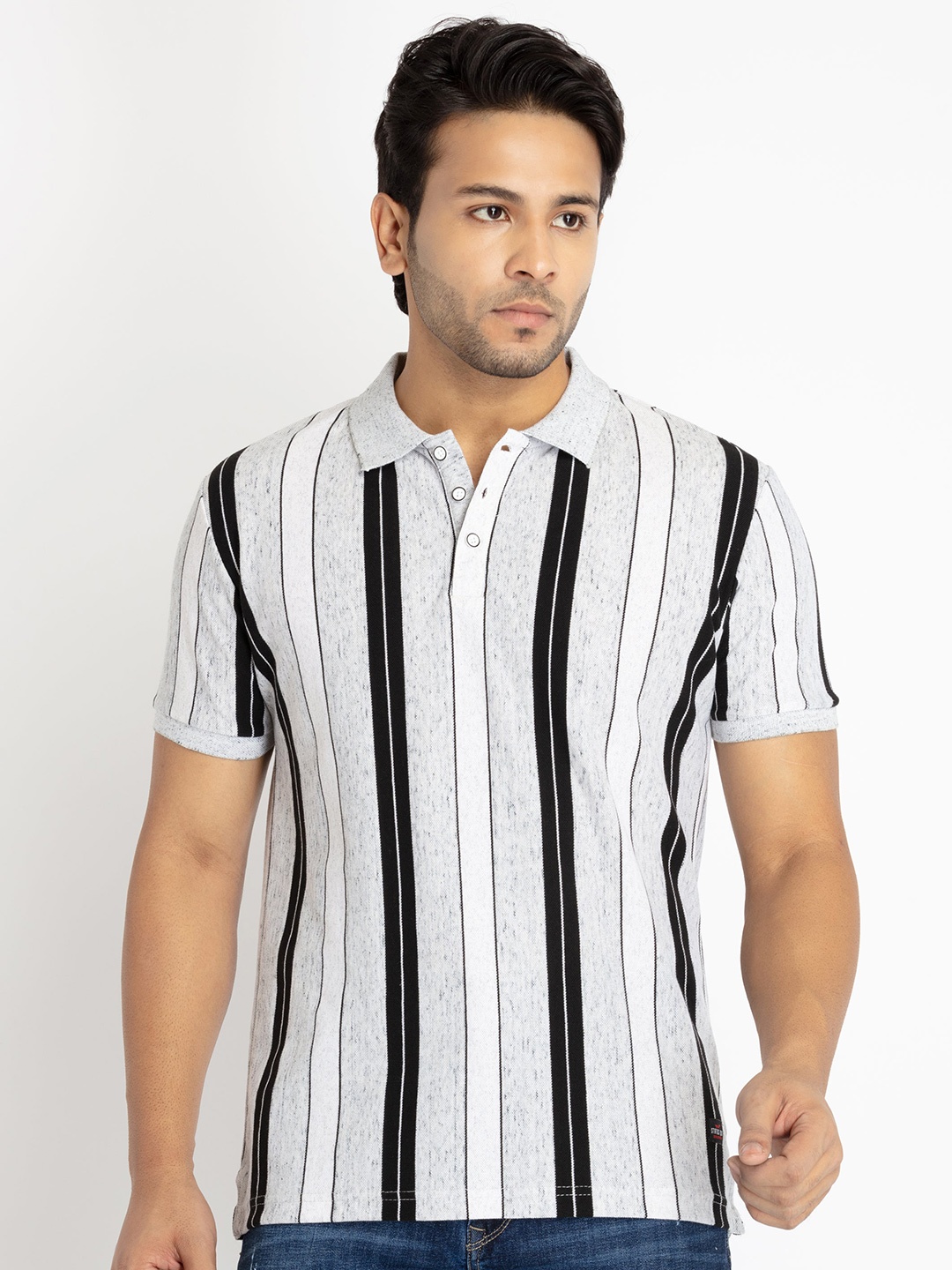 

Status Quo Men Striped Polo Collar Cotton T-shirt, Grey