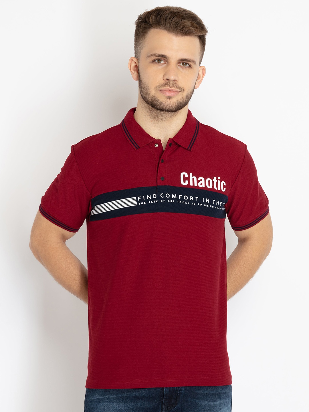 

Status Quo Men Typography Polo Collar T-shirt, Maroon