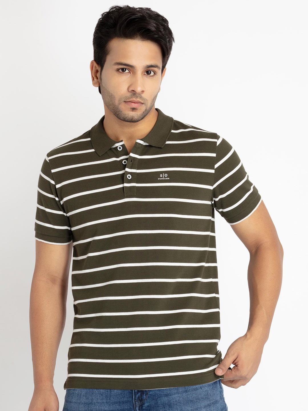 

Status Quo Men Striped Polo Collar T-shirt, Olive