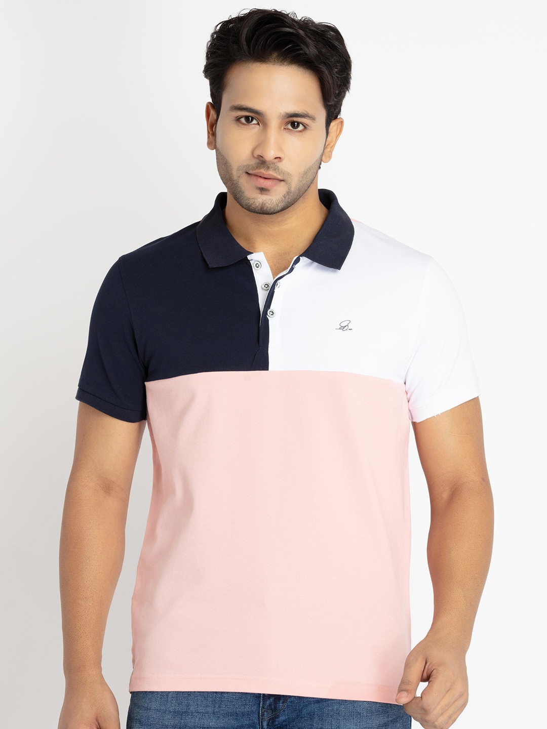 

Status Quo Colourblocked Polo Collar T-shirt, Pink