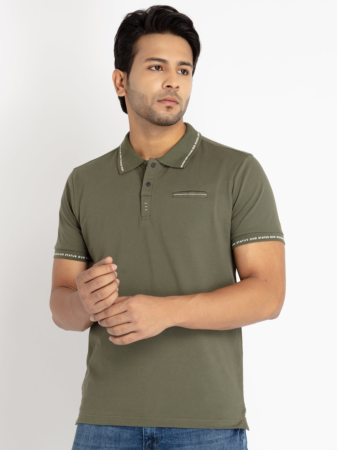 

Status Quo Men Polo Collar Cotton T-shirt, Olive