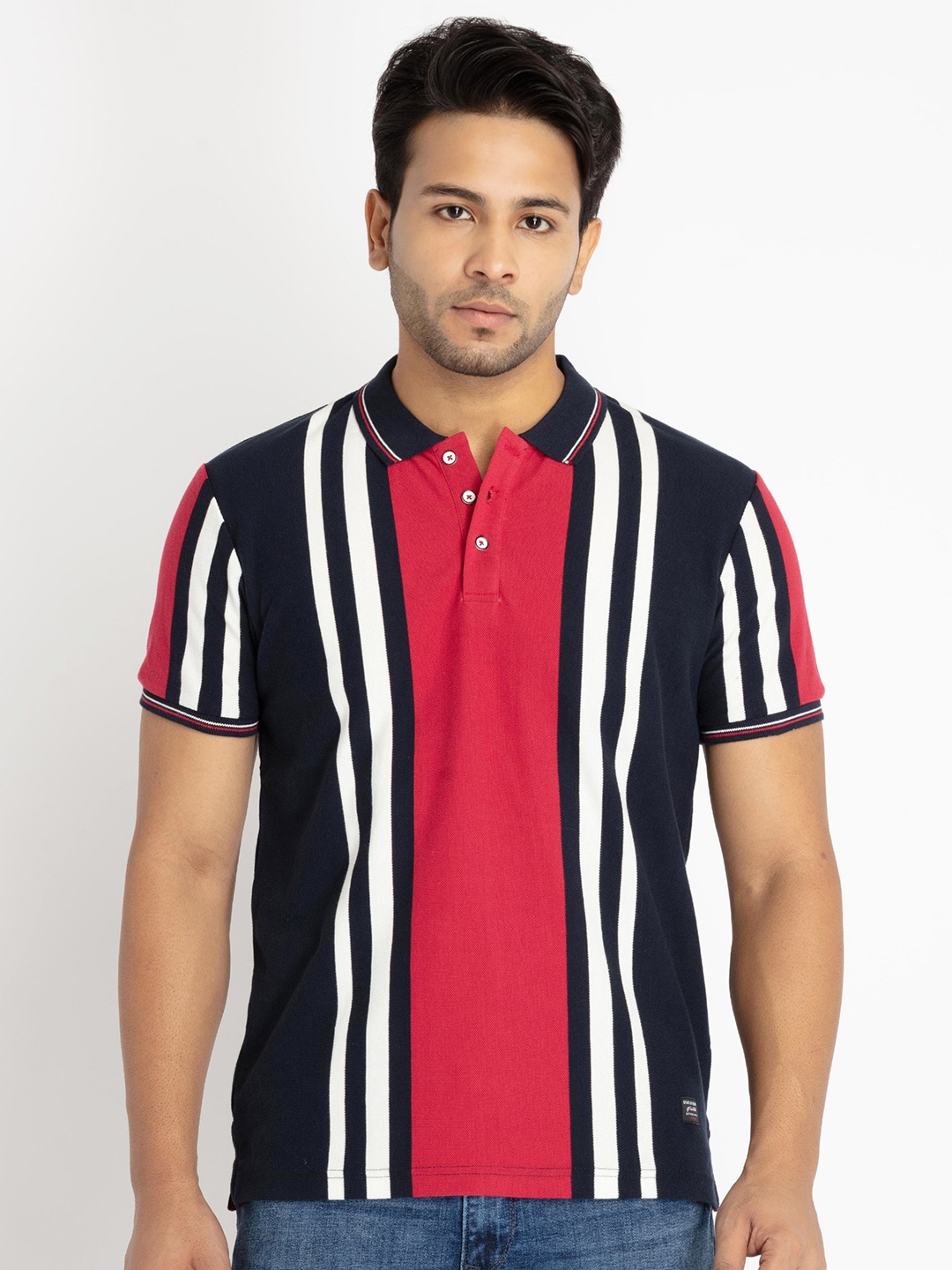 

Status Quo Men Plus Size Striped Polo Collar Cotton T-shirt, Navy blue