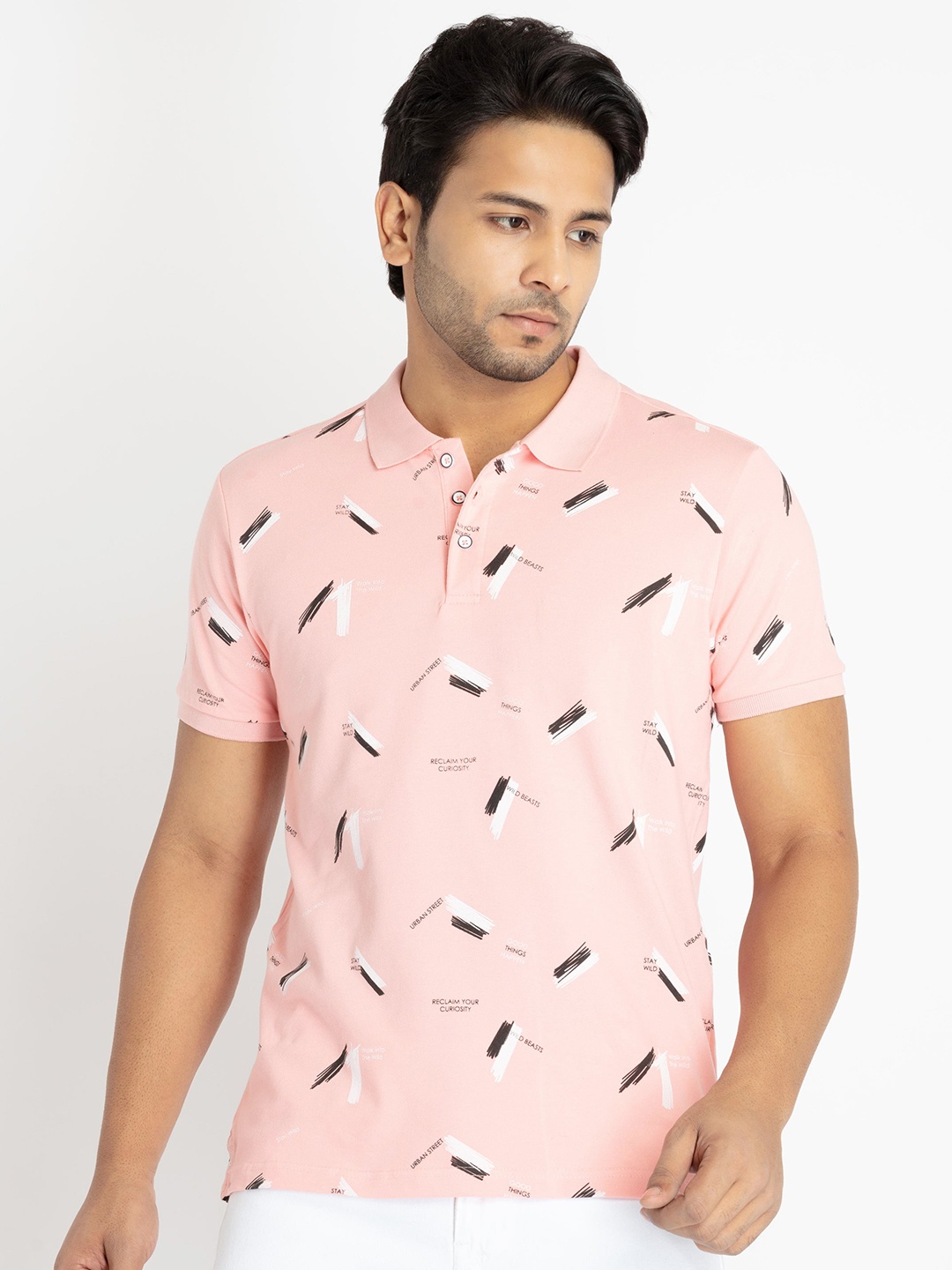 

Status Quo Men Abstract Printed Polo Collar Cotton T-shirt, Pink