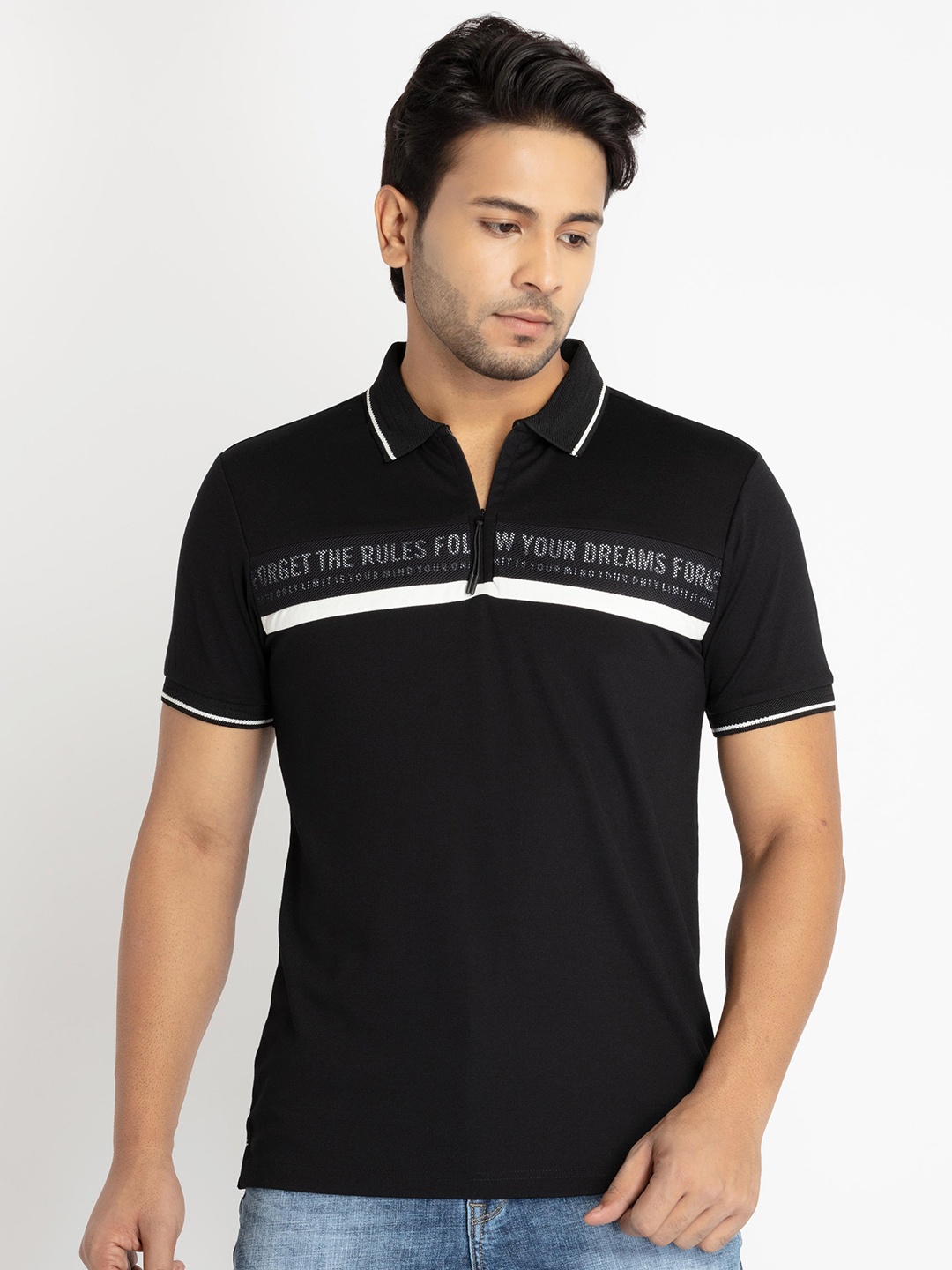 

Status Quo Men Typography Printed Polo Collar Cotton T-shirt, Black