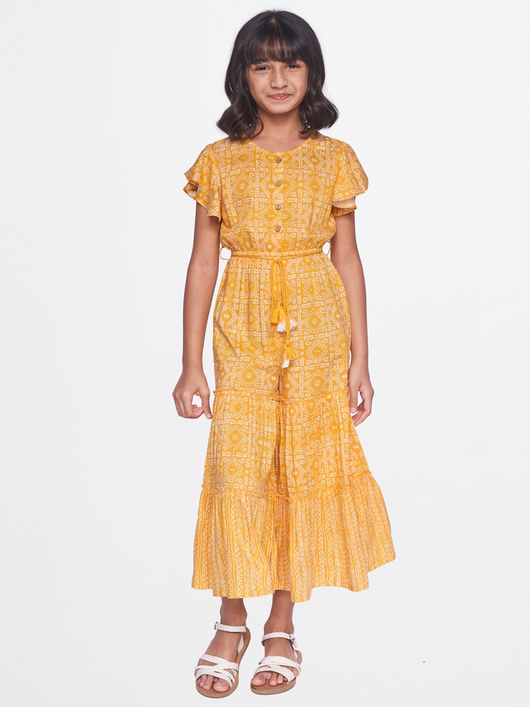 

Global Desi Girls Printed Basic Jumpsuit, Mustard