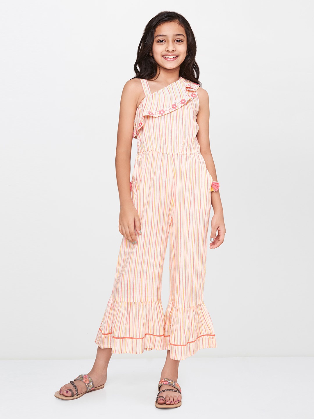 

Global Desi Girls Striped Basic Jumpsuit with Ruffles, Peach