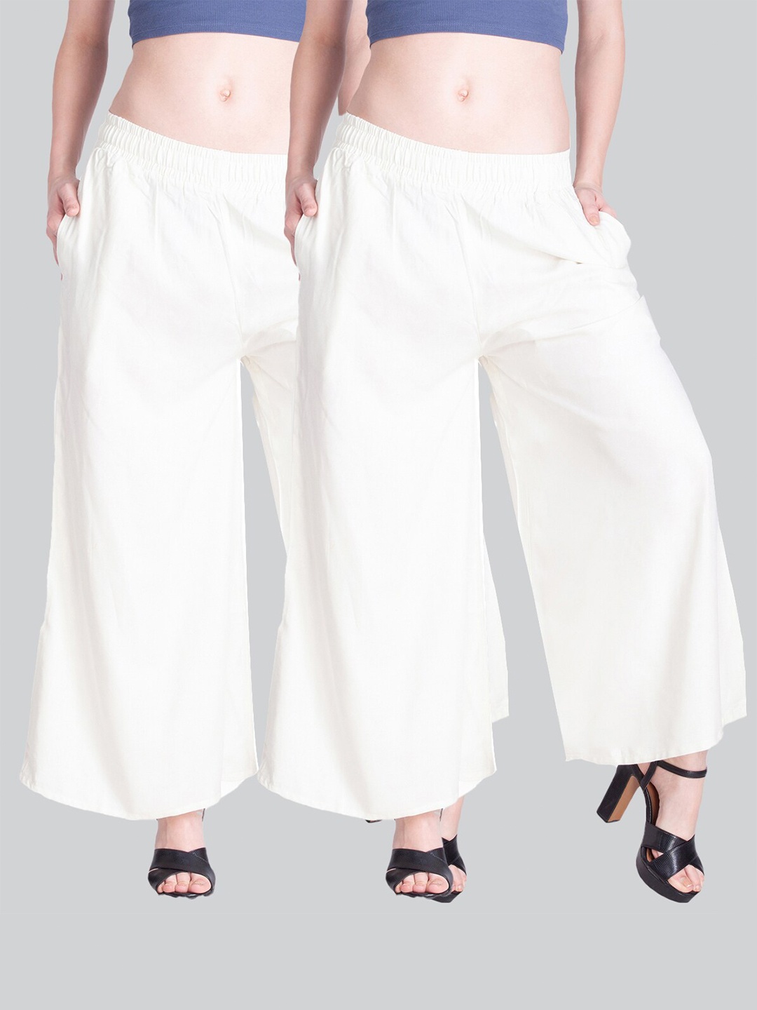 

LYRA Women Pack Of 2 Cotton Knitted Palazzos, Off white