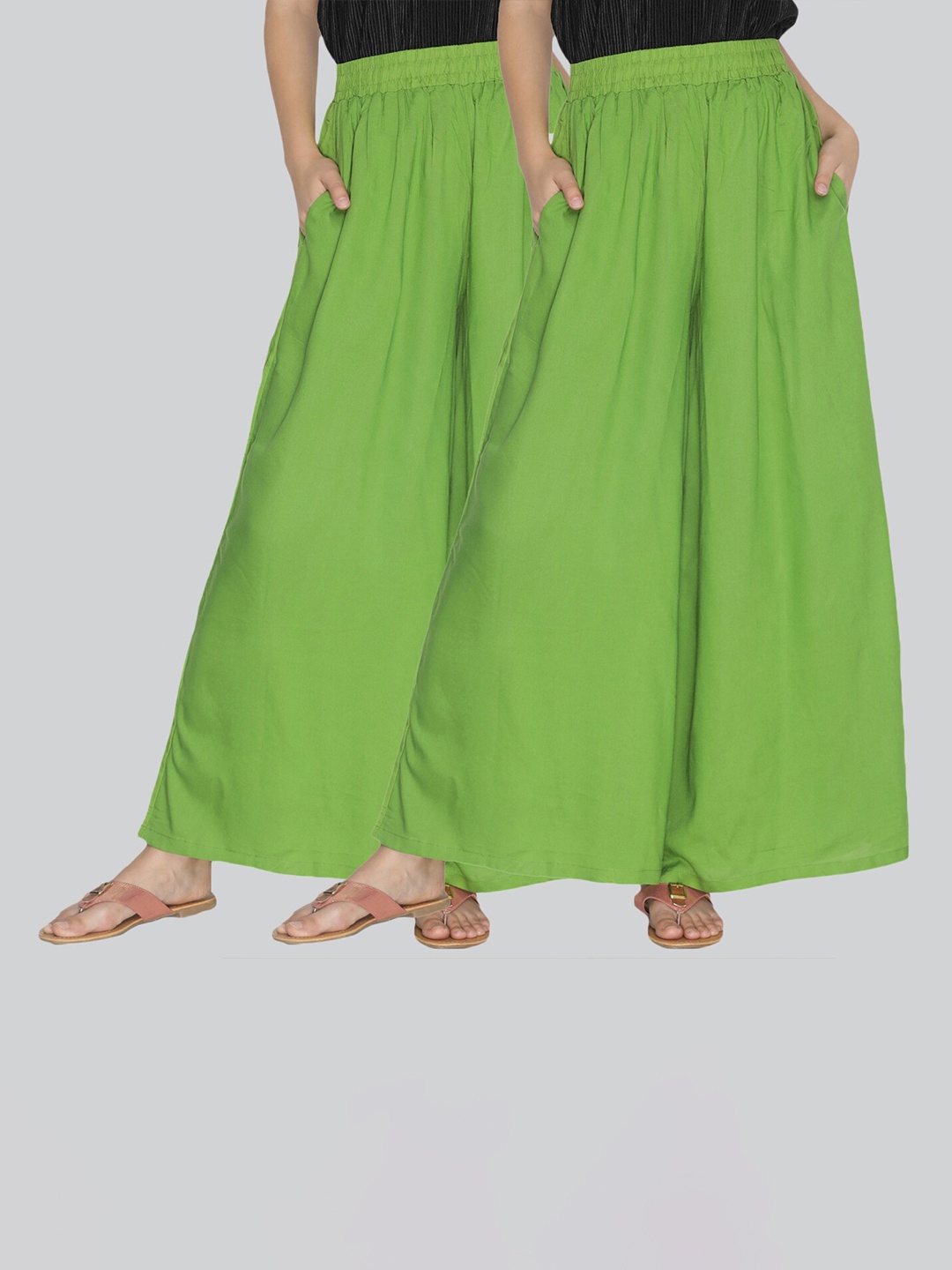 

LYRA Women Pack Of 2 Flared Cotton Knitted Palazzos, Green
