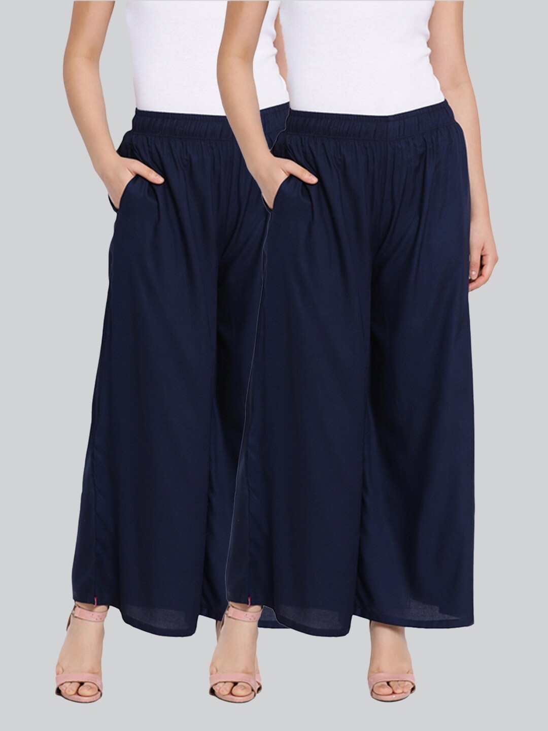 

LYRA Women Pack of 2 Flared Cotton Knitted Palazzos, Navy blue