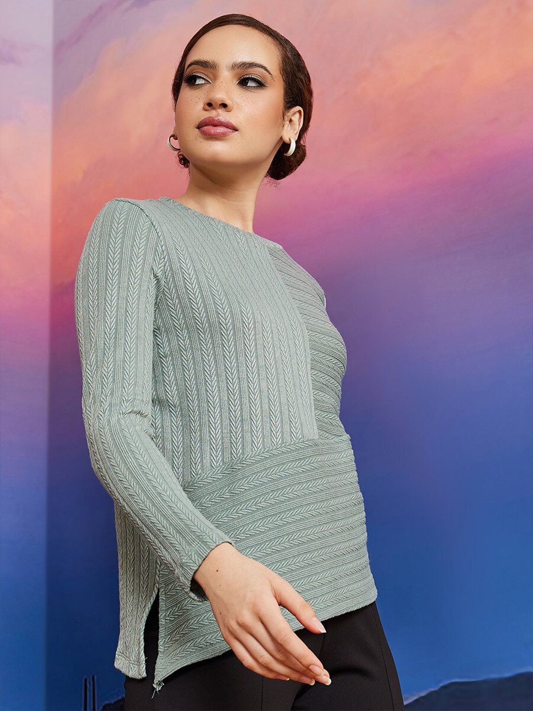 

Styli Self Design Long Sleeves Top, Sea green
