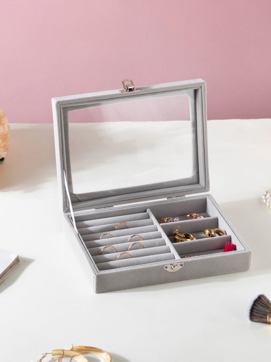 

Nestasia Grey Brand Logo Printed Vegan Leather Jewellery Box Organiser