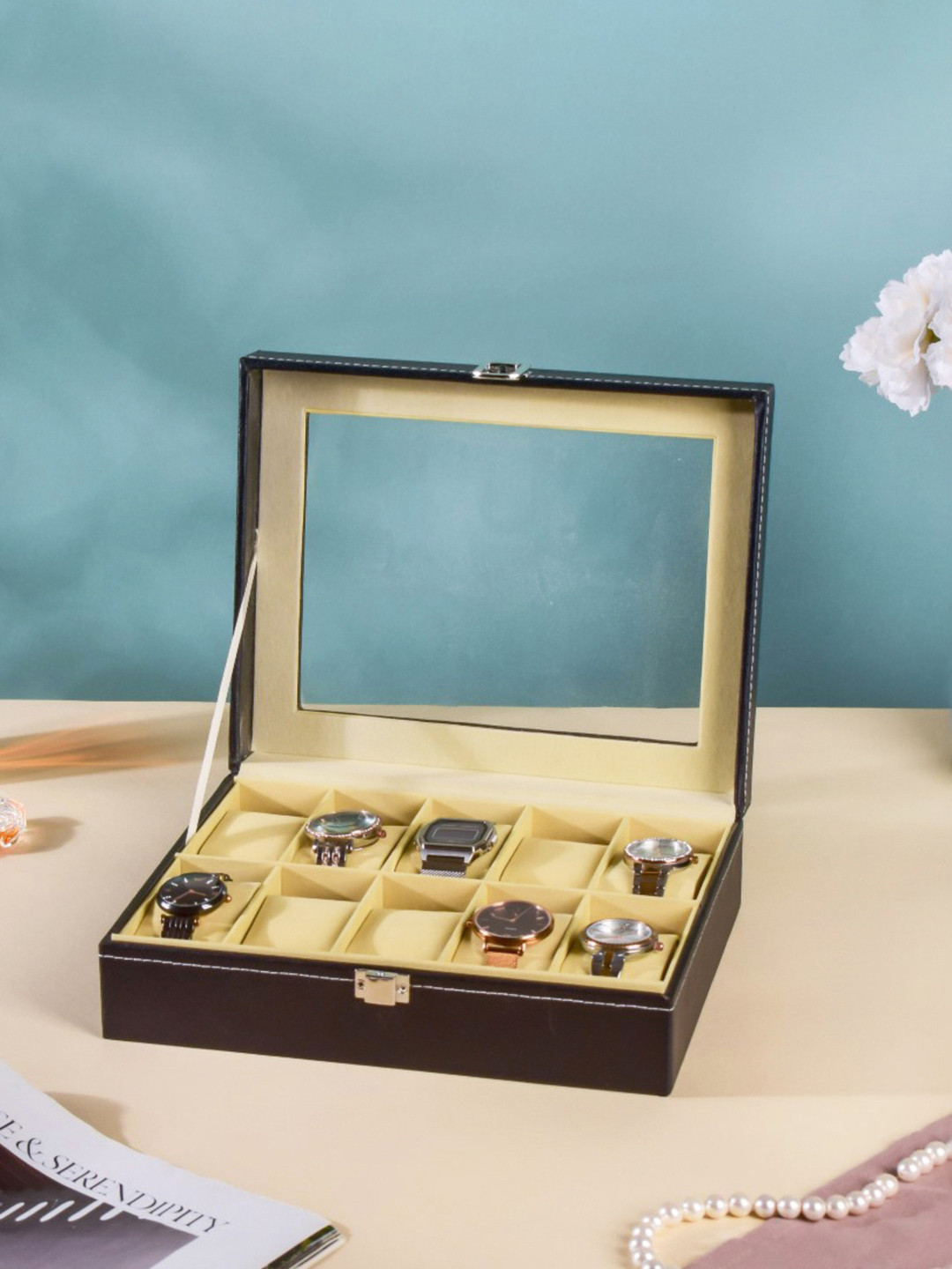 

Nestasia Black Vegan Leather Watch Organiser Box Holder With 10 Cushioned Slots