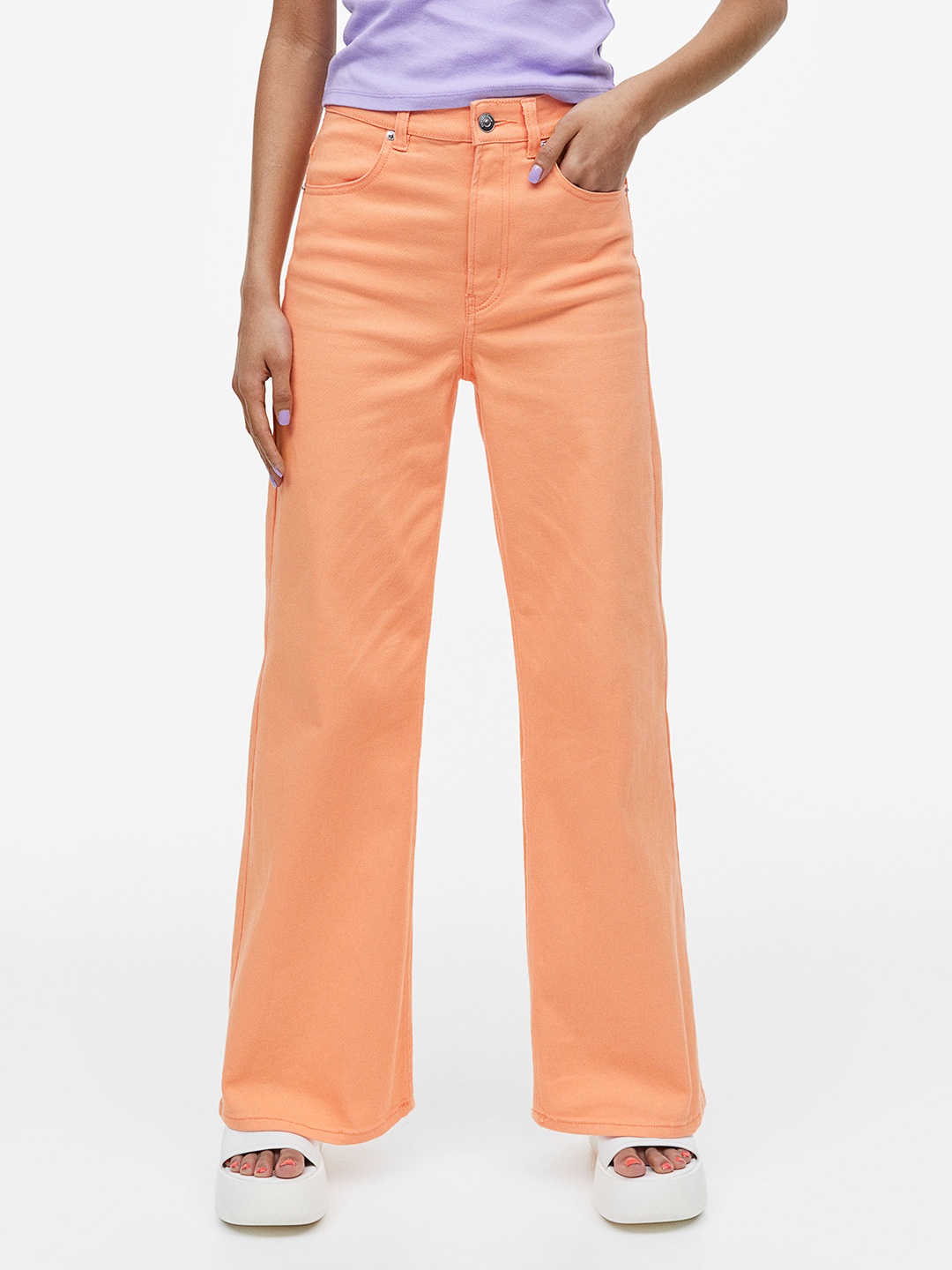 

H&M Women Wide Twill Trousers, Orange