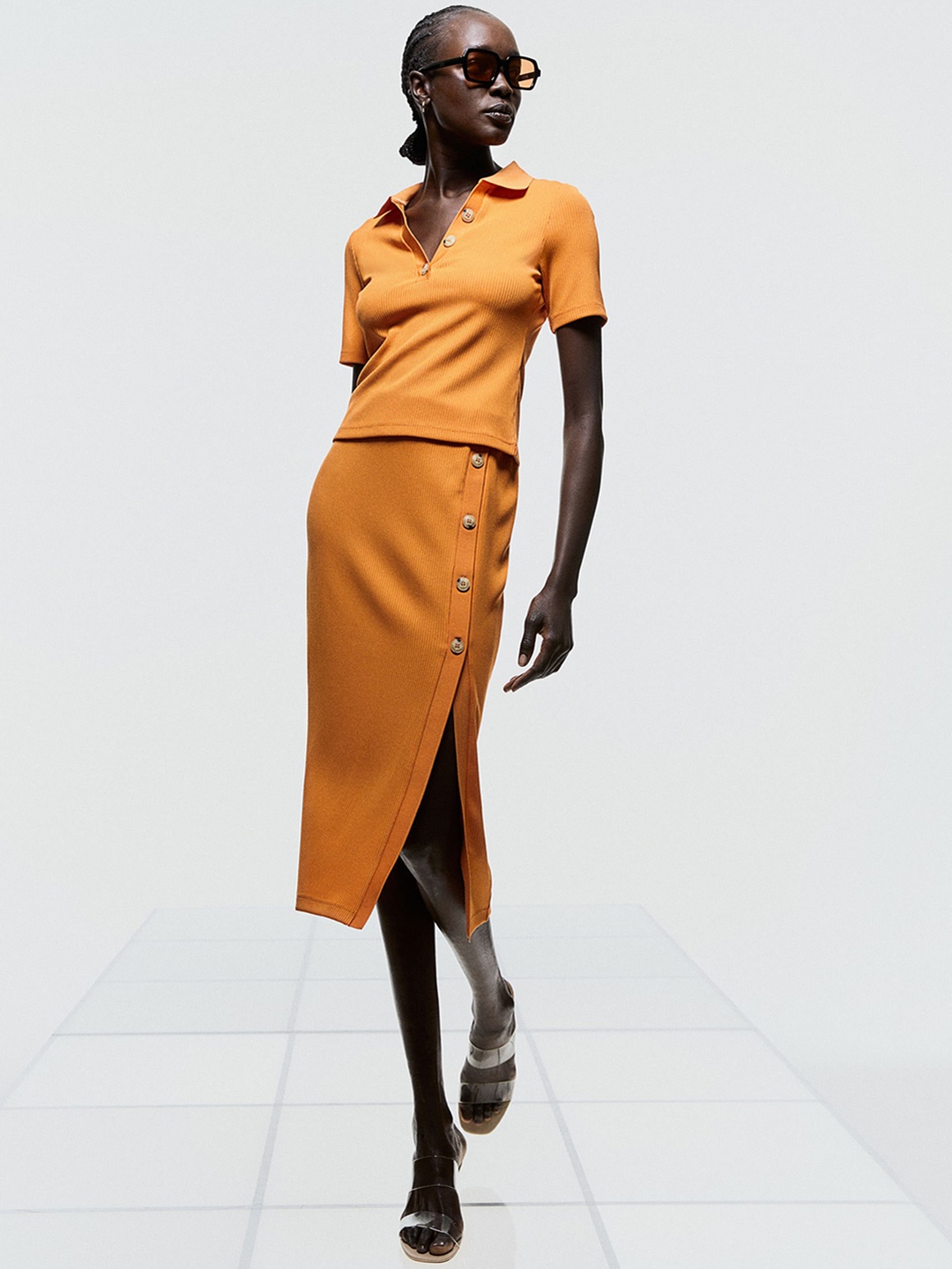 

H&M Button-Detail Ribbed Skirt, Orange