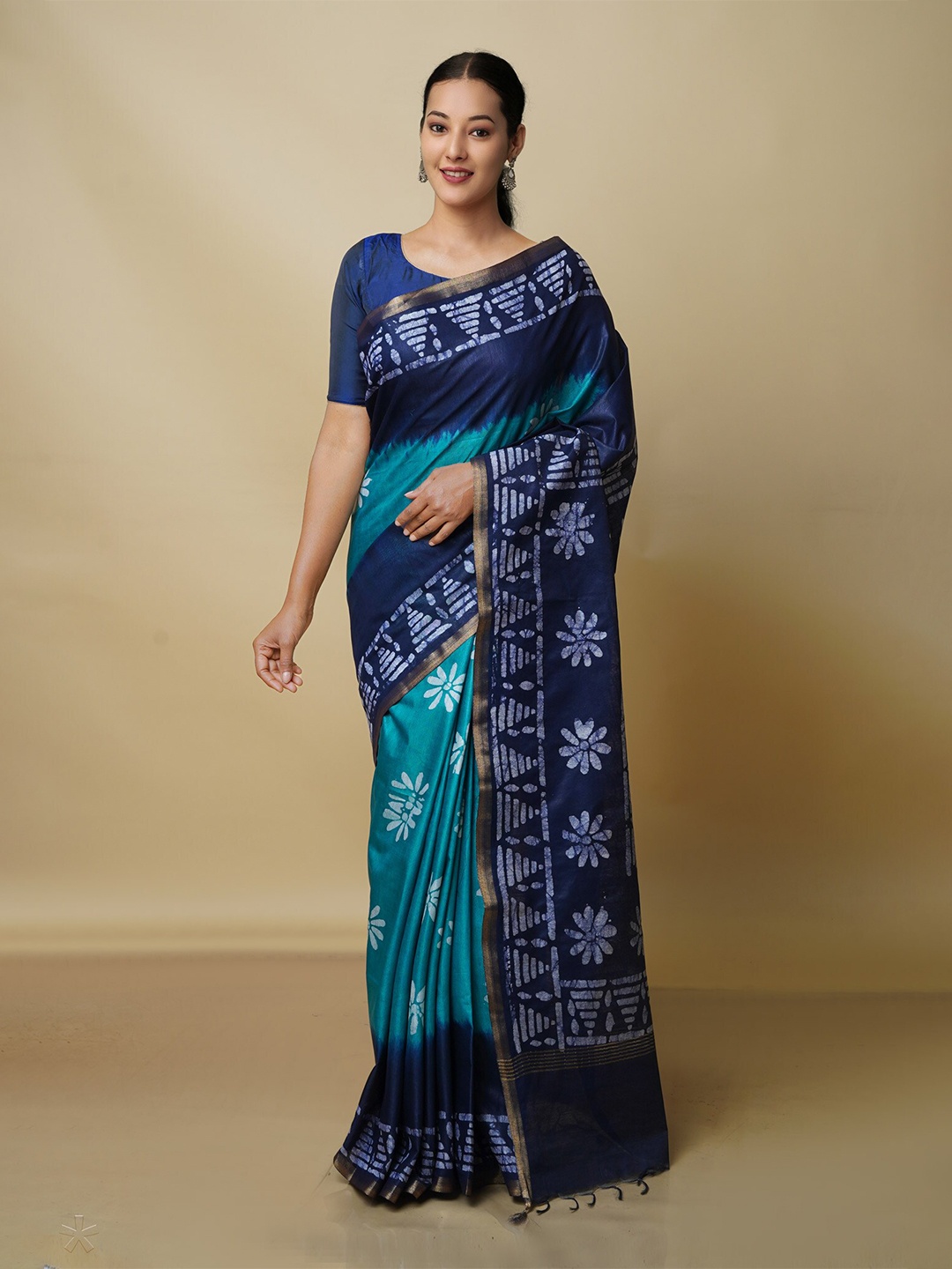 

Unnati Silks Batik Pure Silk Chanderi Saree, Sea green