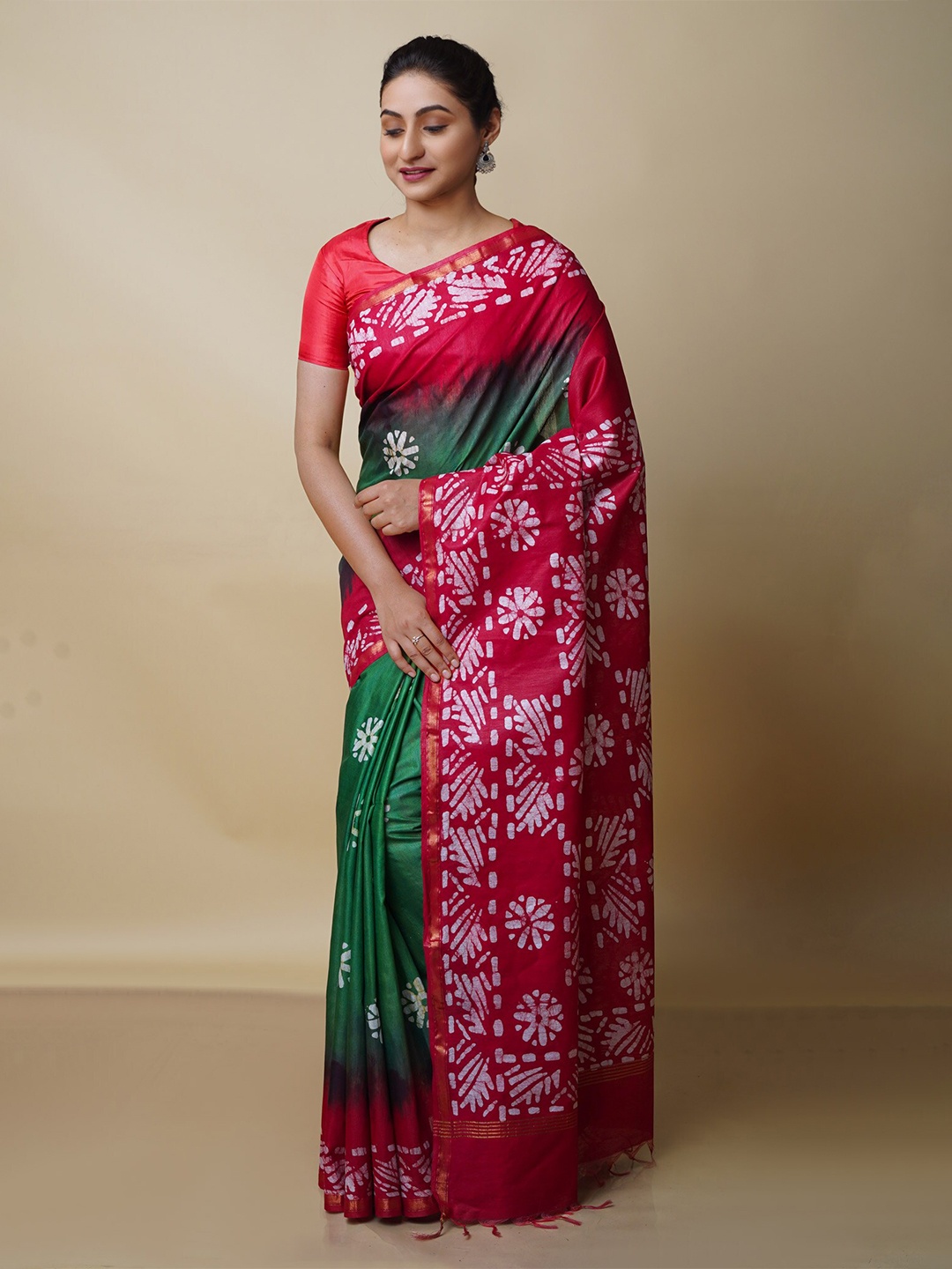 

Unnati Silks Batik Pure Silk Chanderi Saree, Green