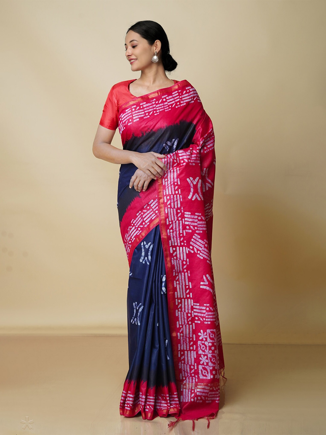 

Unnati Silks Batik Pure Silk Chanderi Saree, Navy blue