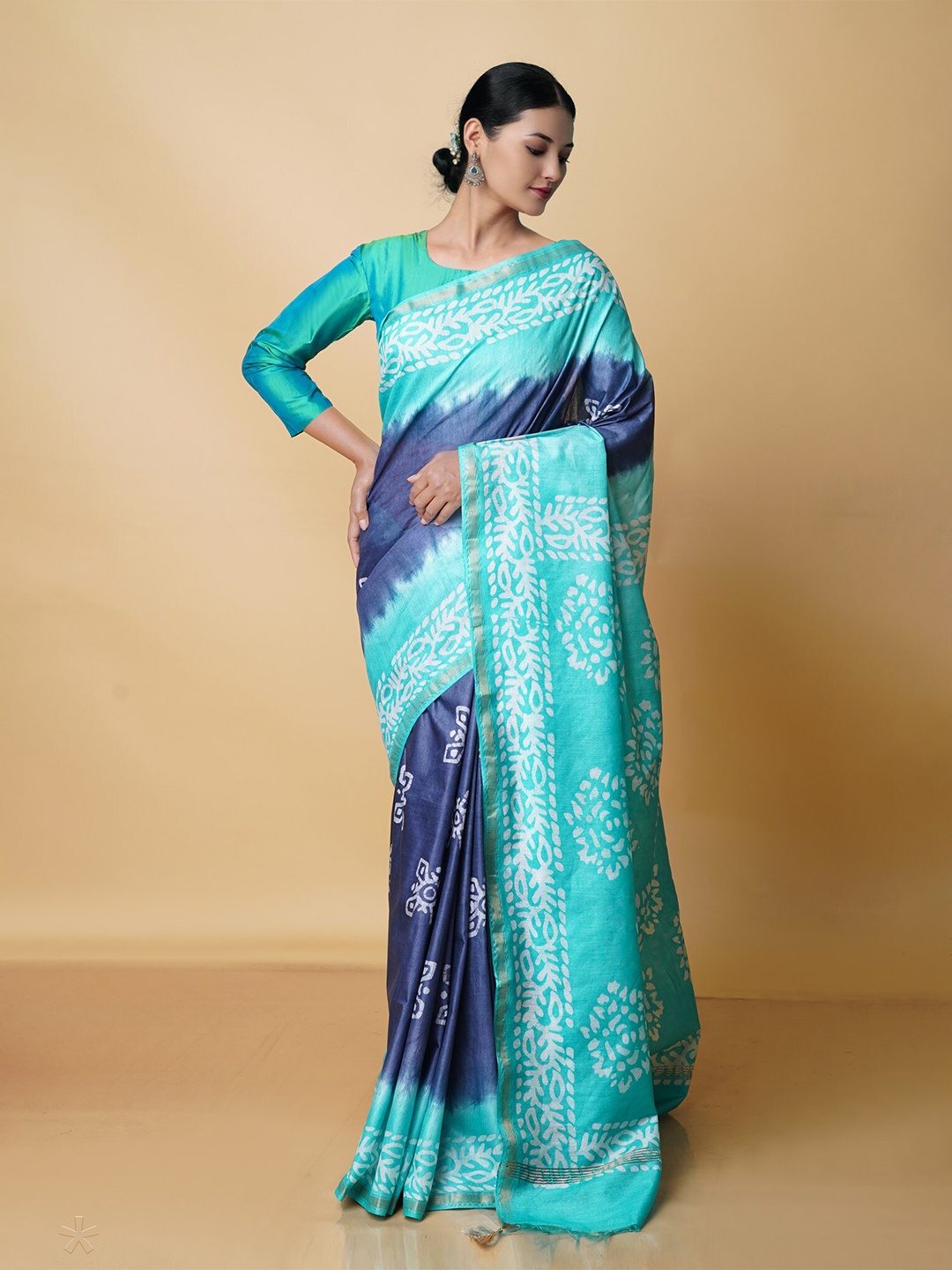 

Unnati Silks Batik Pure Silk Chanderi Saree, Navy blue