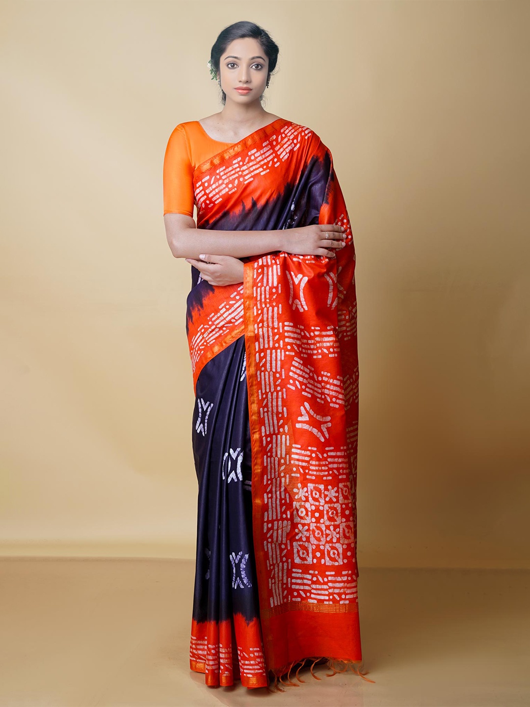 

Unnati Silks Printed Batik Pure Silk Chanderi Saree, Black