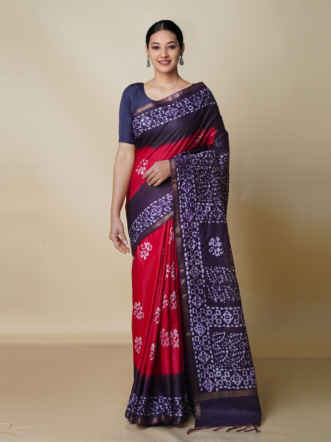 

Unnati Silks Printed Batik Zari Pure Silk Chanderi Saree, Red