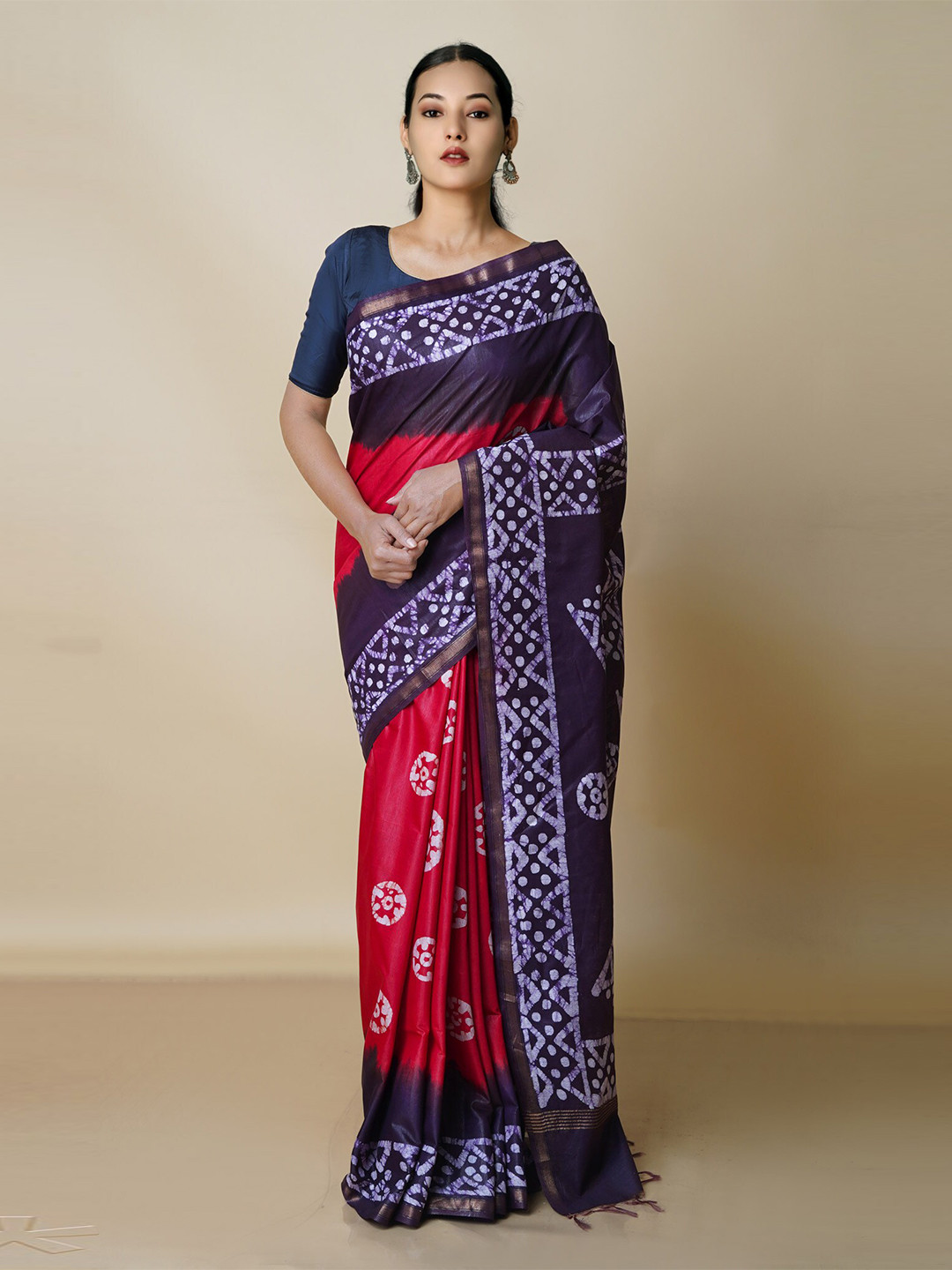 

Unnati Silks Batik Zari Pure Silk Chanderi Handloom Saree, Red