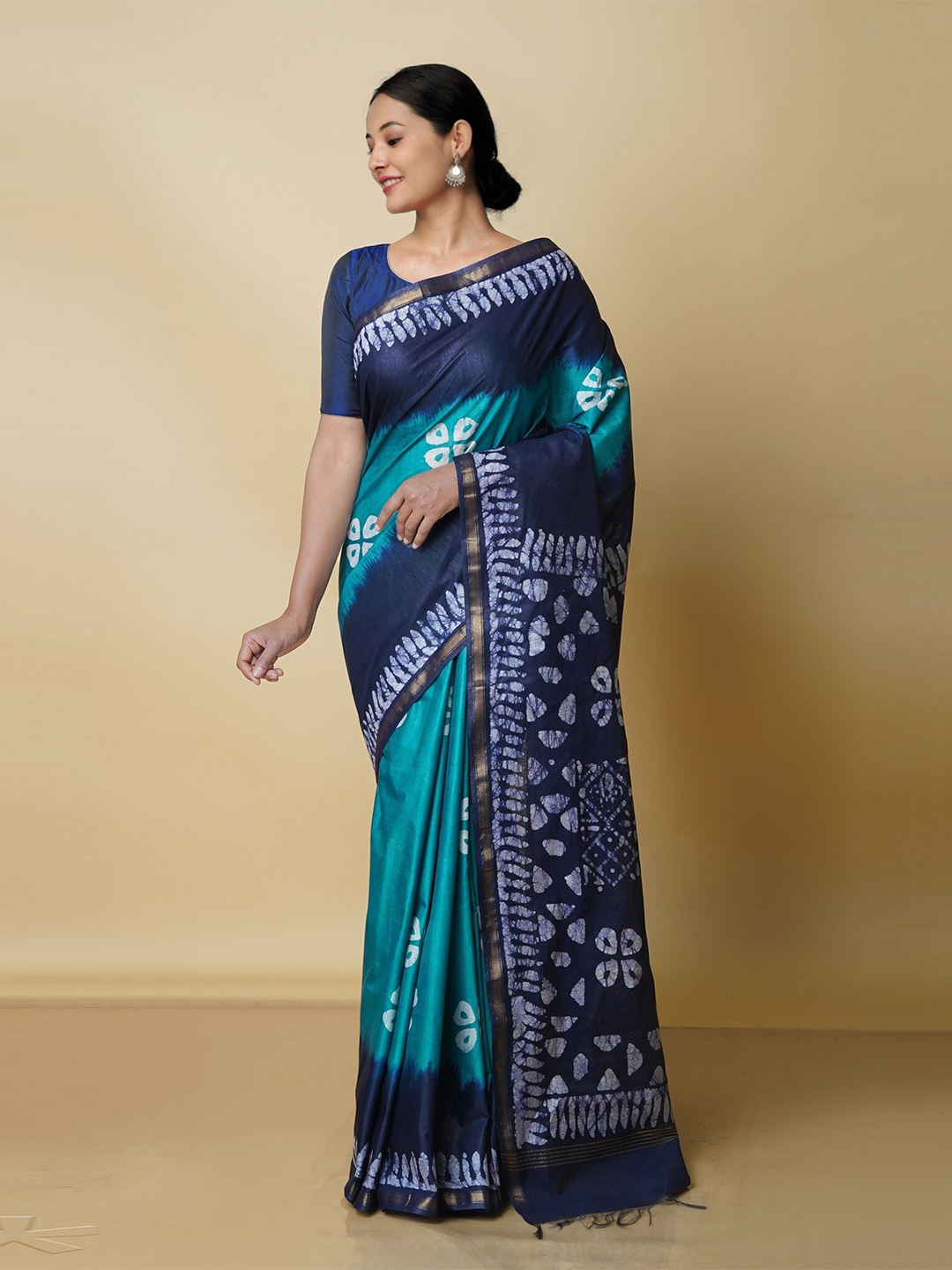 

Unnati Silks Batik Zari Pure Silk Chanderi Handloom Saree, Teal