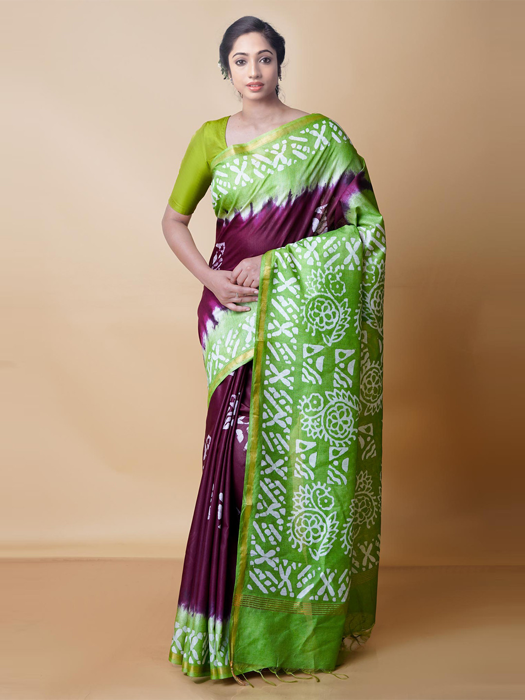 

Unnati Silks Batik Printed Zari Pure Silk Chanderi Saree, Burgundy