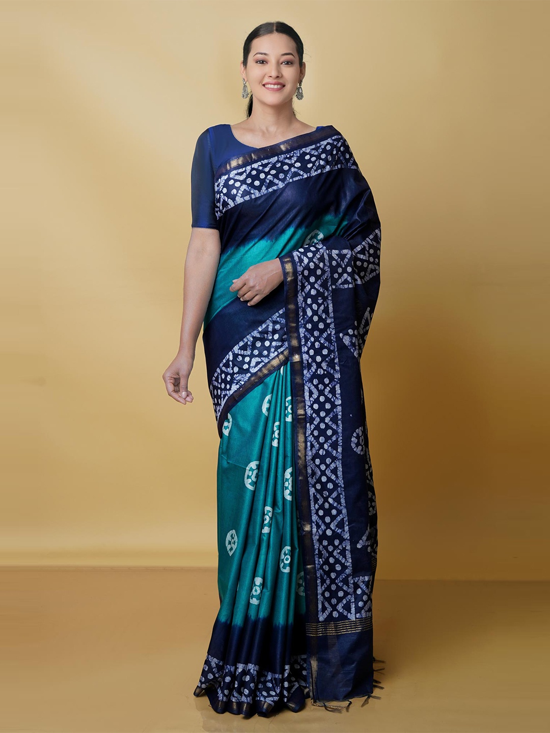 

Unnati Silks Batik Printed Zari Pure Silk Chanderi Saree, Teal