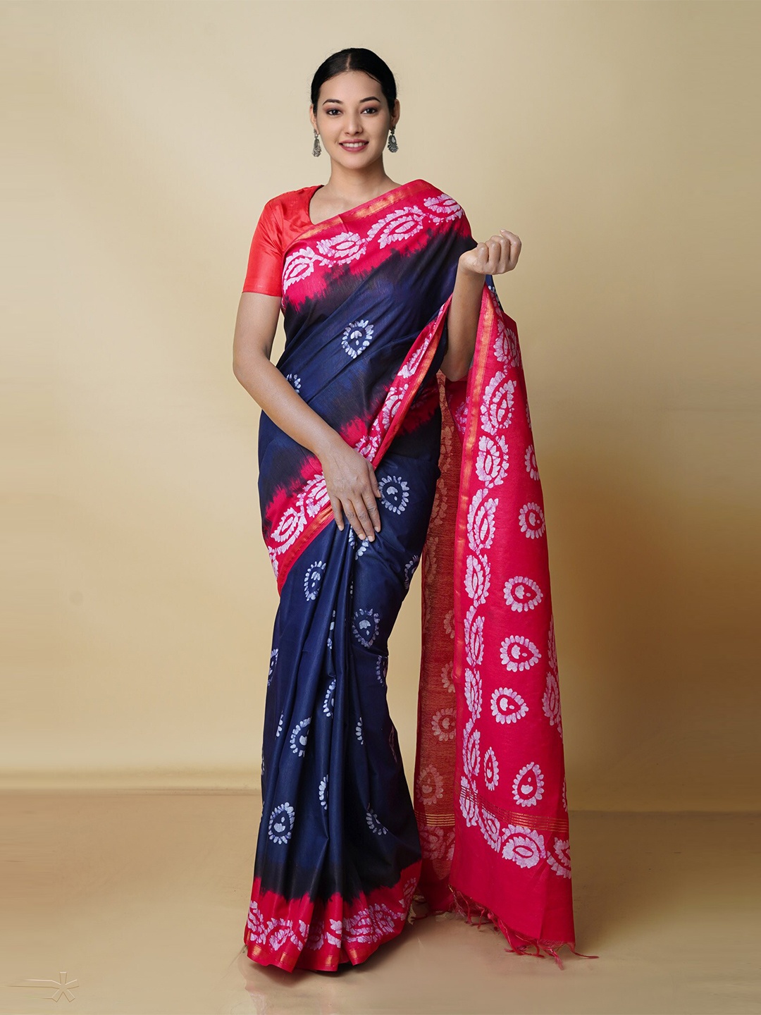 

Unnati Silks Batik Zari Pure Silk Chanderi Saree, Navy blue