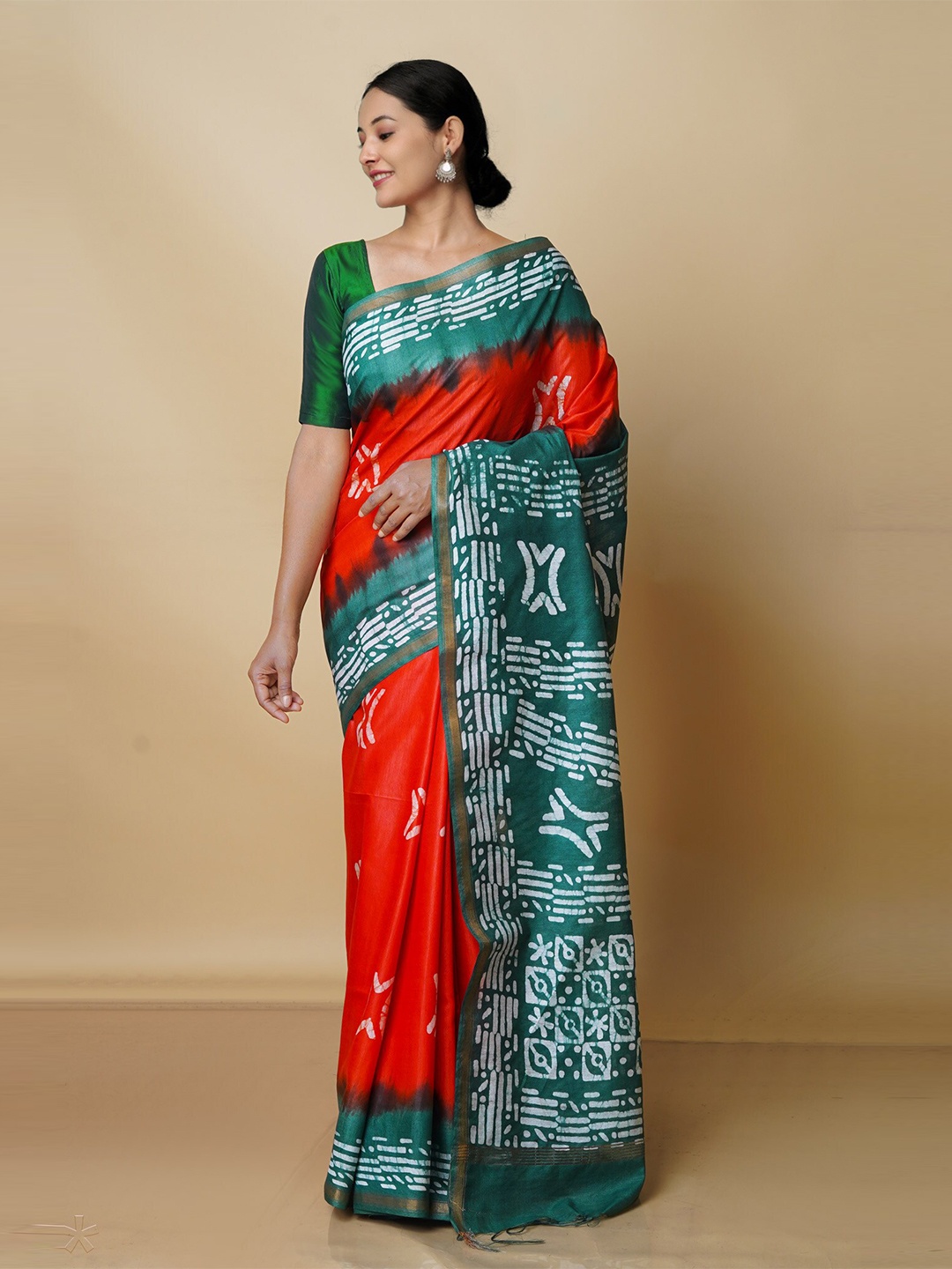 

Unnati Silks Batik Printed Zari Pure Silk Chanderi Saree, Orange