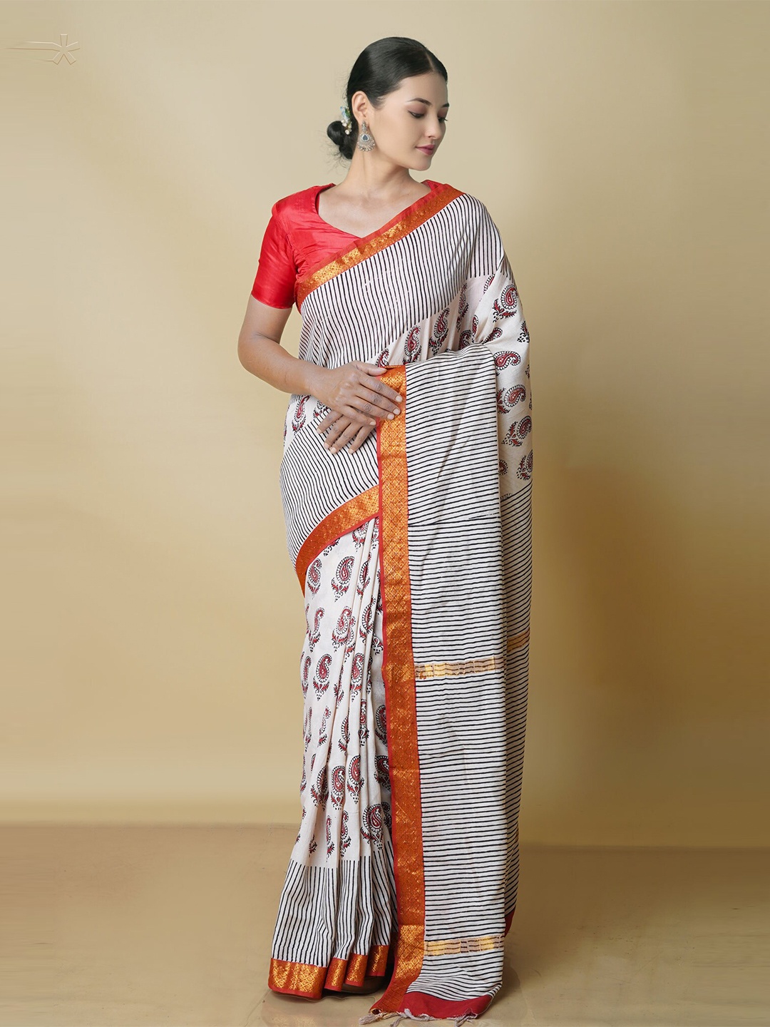 

Unnati Silks Paisley Printed Zari Border Chanderi Saree, Off white