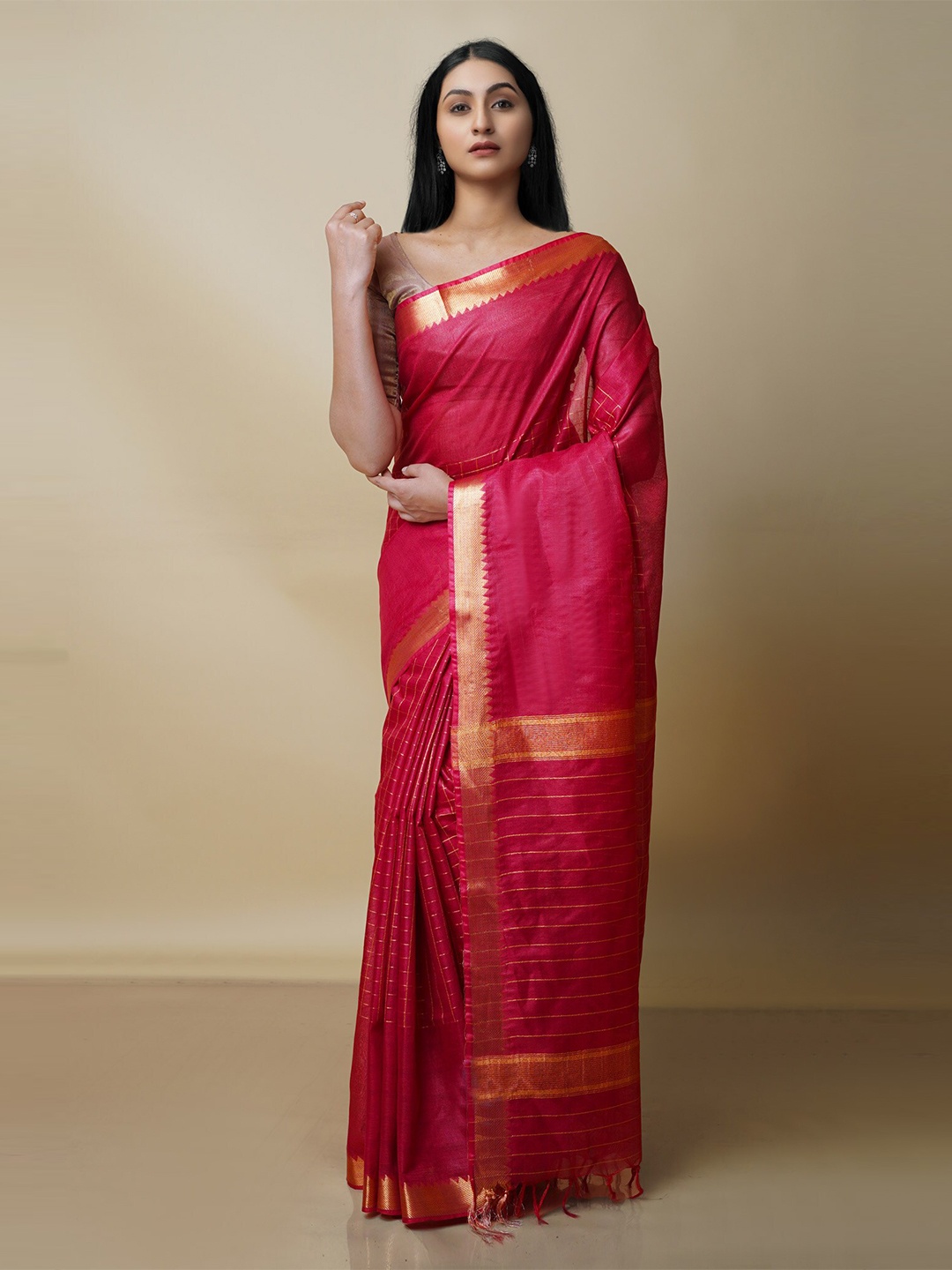 

Unnati Silks Checked Zari Border Chanderi Saree, Fuchsia