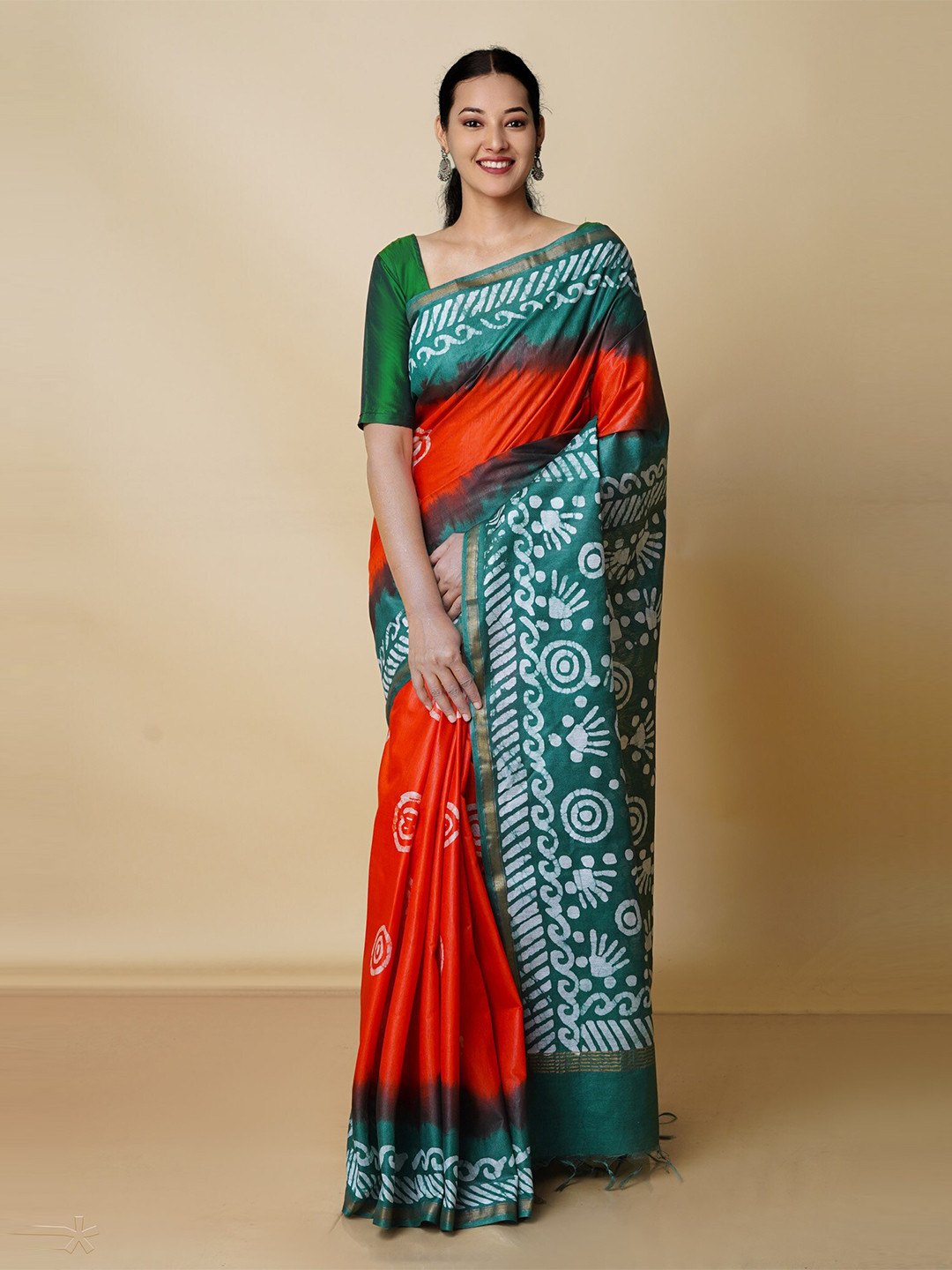 

Unnati SilksBatik Zari Pure Silk Handloom Chanderi Saree, Orange