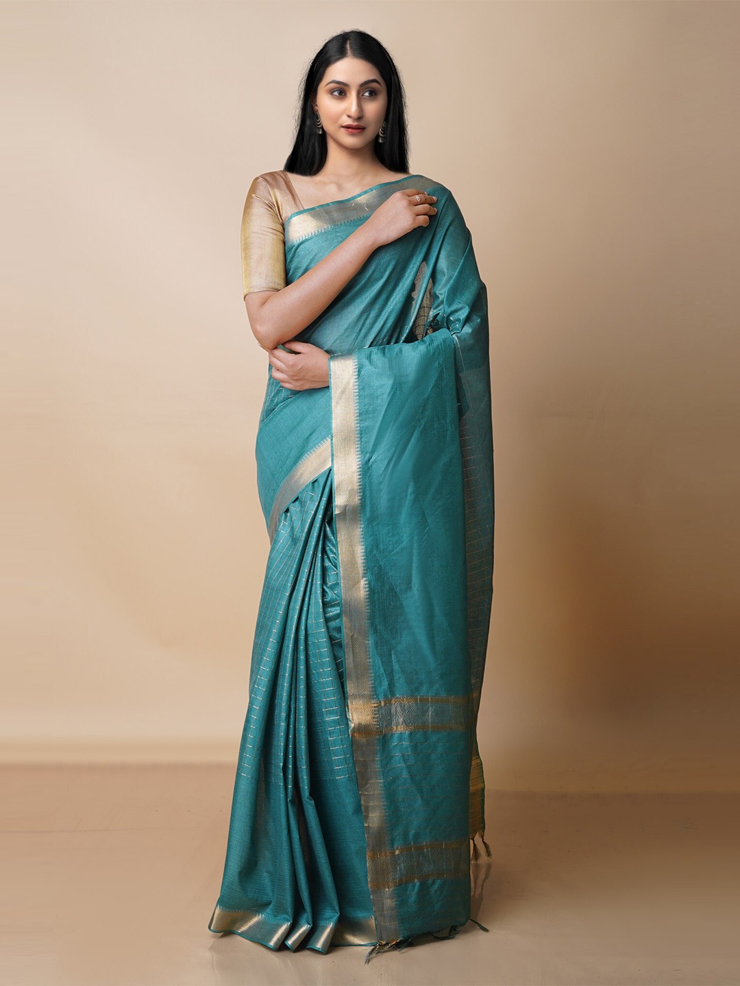

Unnati Silks Checked Zari Chanderi Saree, Green