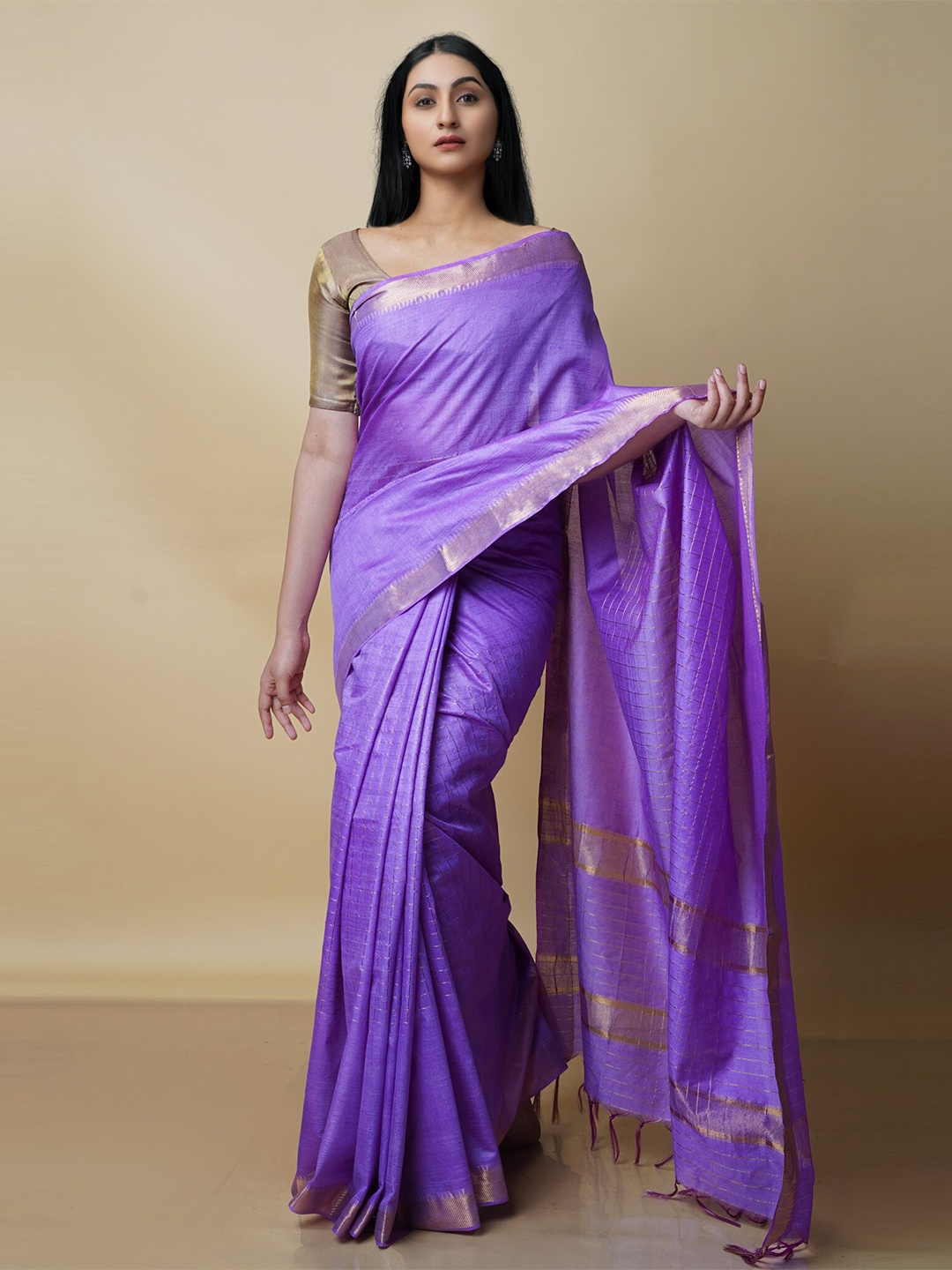 

Unnati Silks Checked Zari Chanderi Saree, Purple