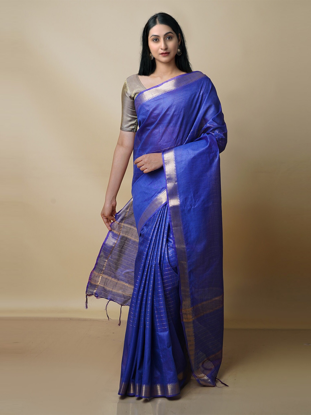 

Unnati Silks Checked Zari Chanderi Saree, Blue