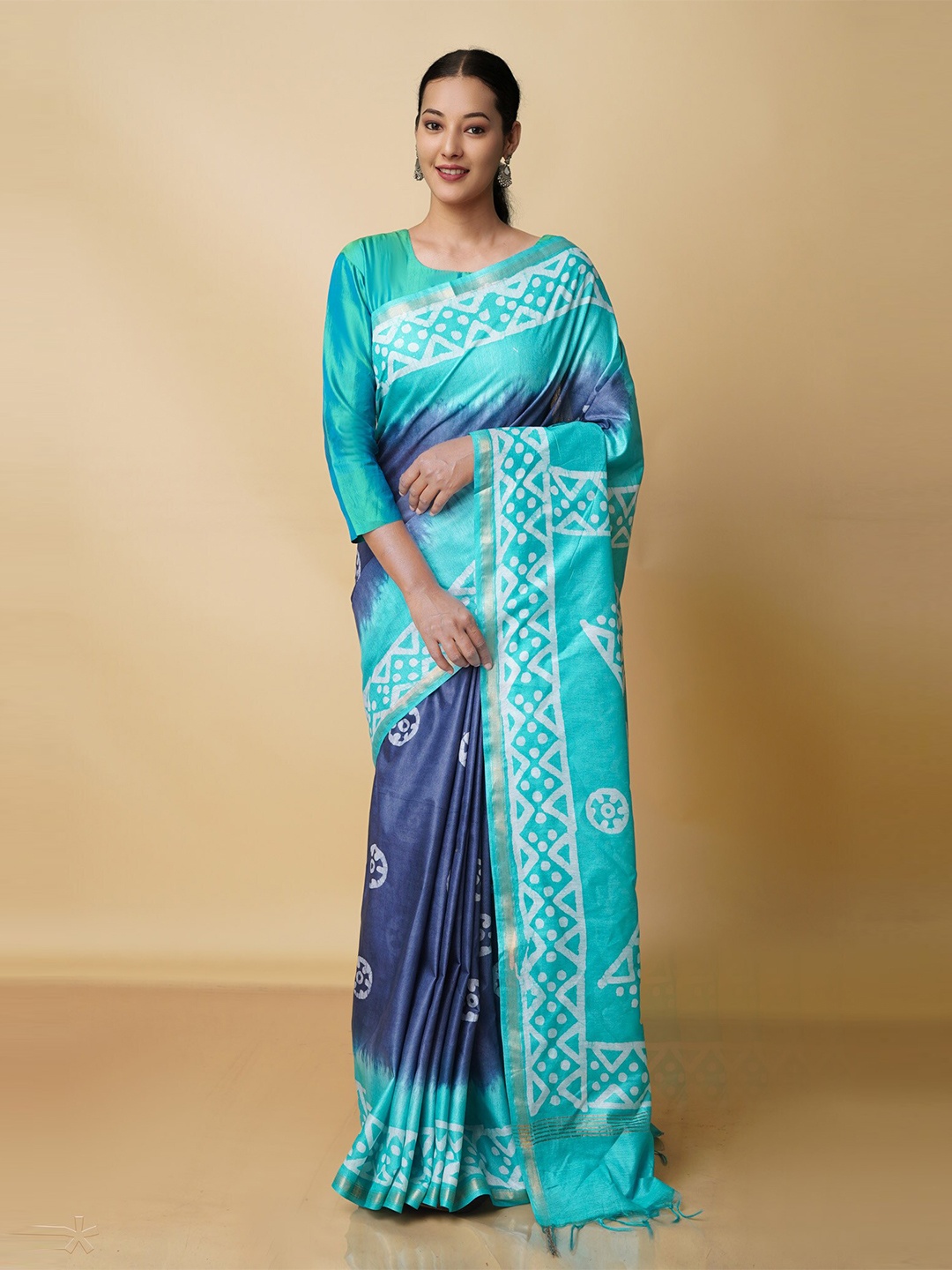 

Unnati Silks Batik Zari Pure Silk Chanderi Saree, Navy blue