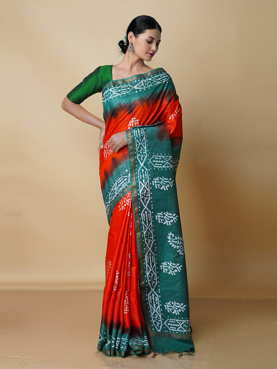 

Unnati Silks Batik Zari Pure Silk Chanderi Saree, Orange