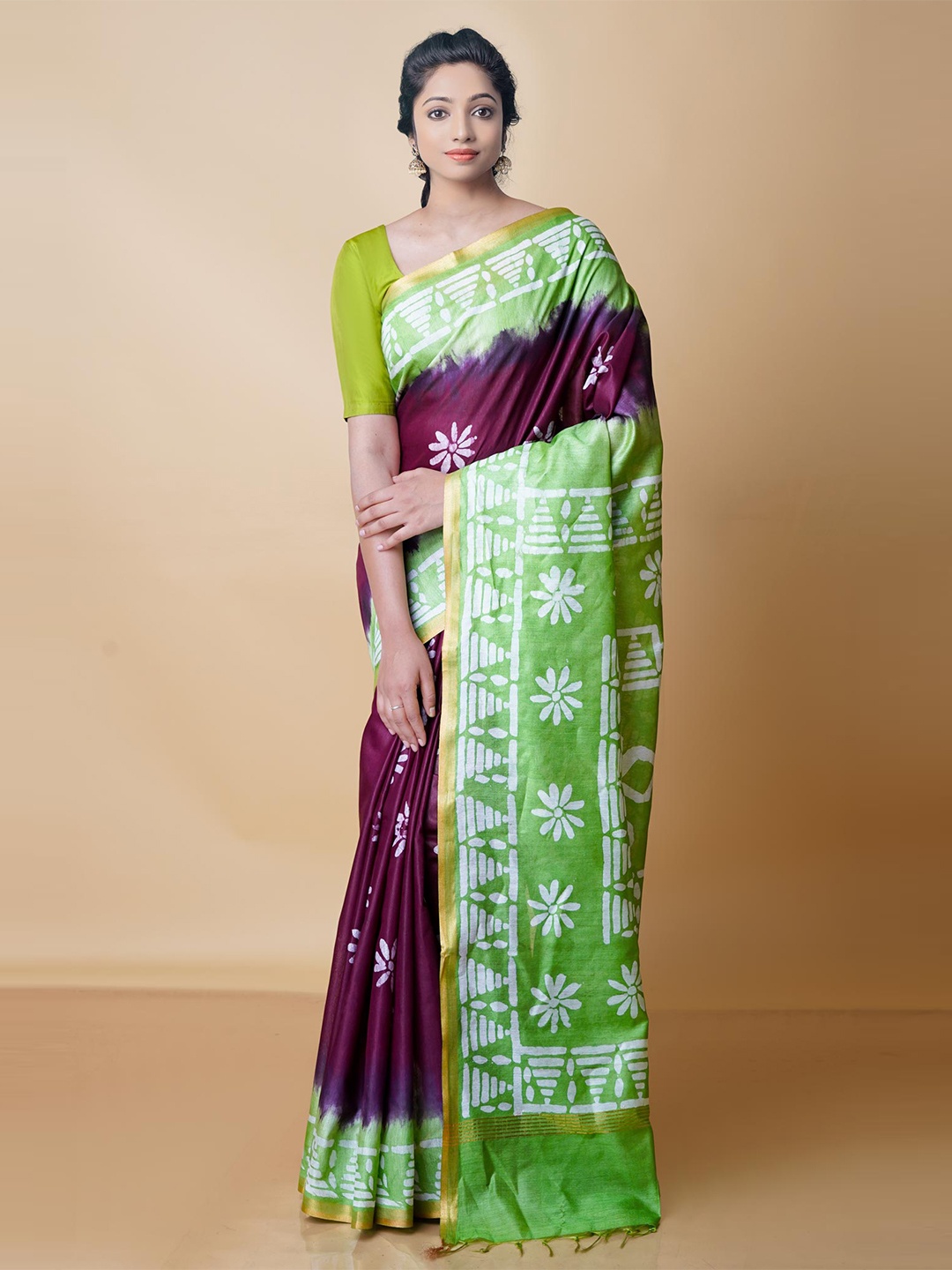 

Unnati Silks Batik Zari Pure Silk Chanderi Saree, Burgundy