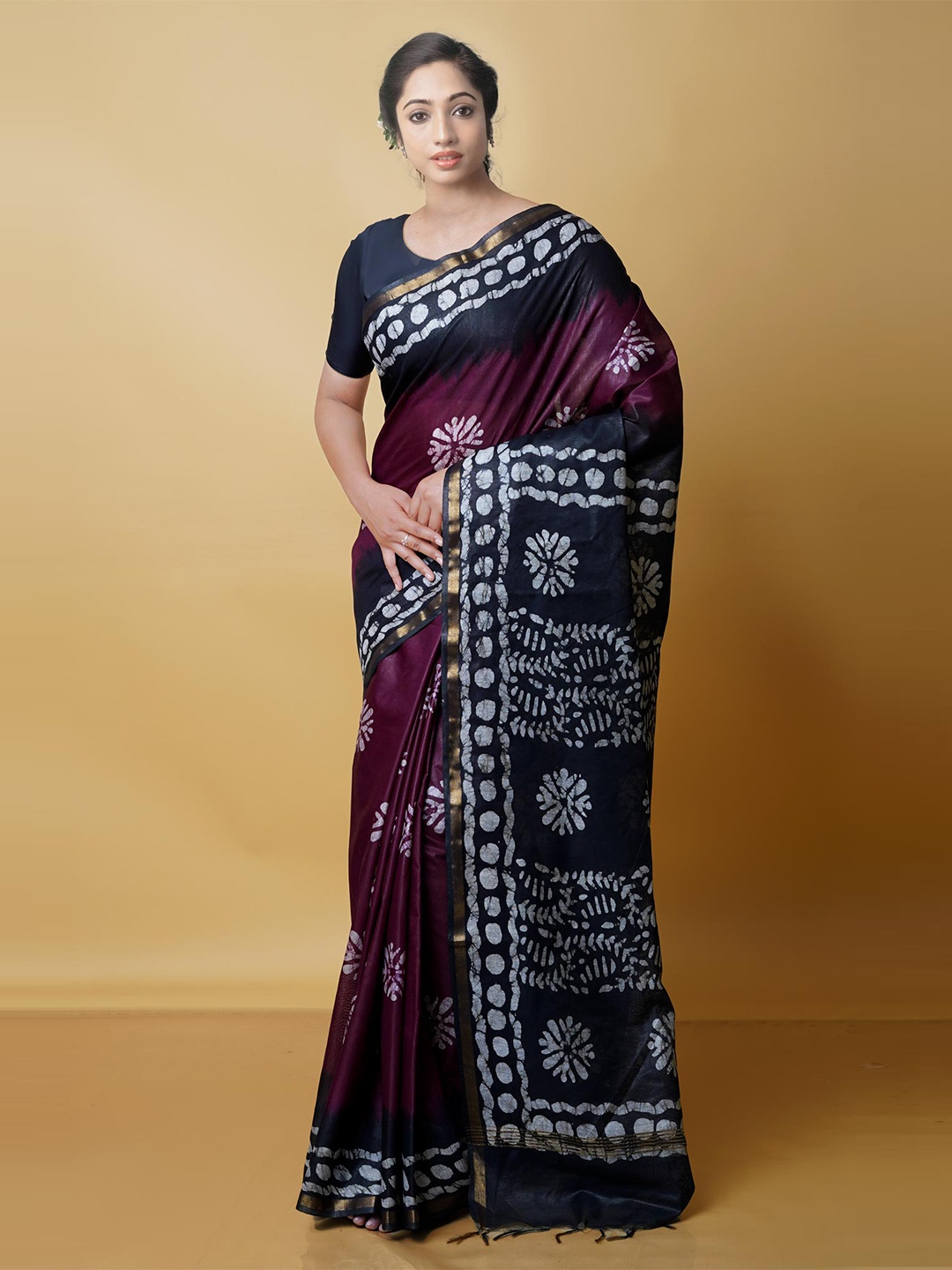

Unnati Silks Batik Zari Pure Silk Chanderi Saree, Burgundy