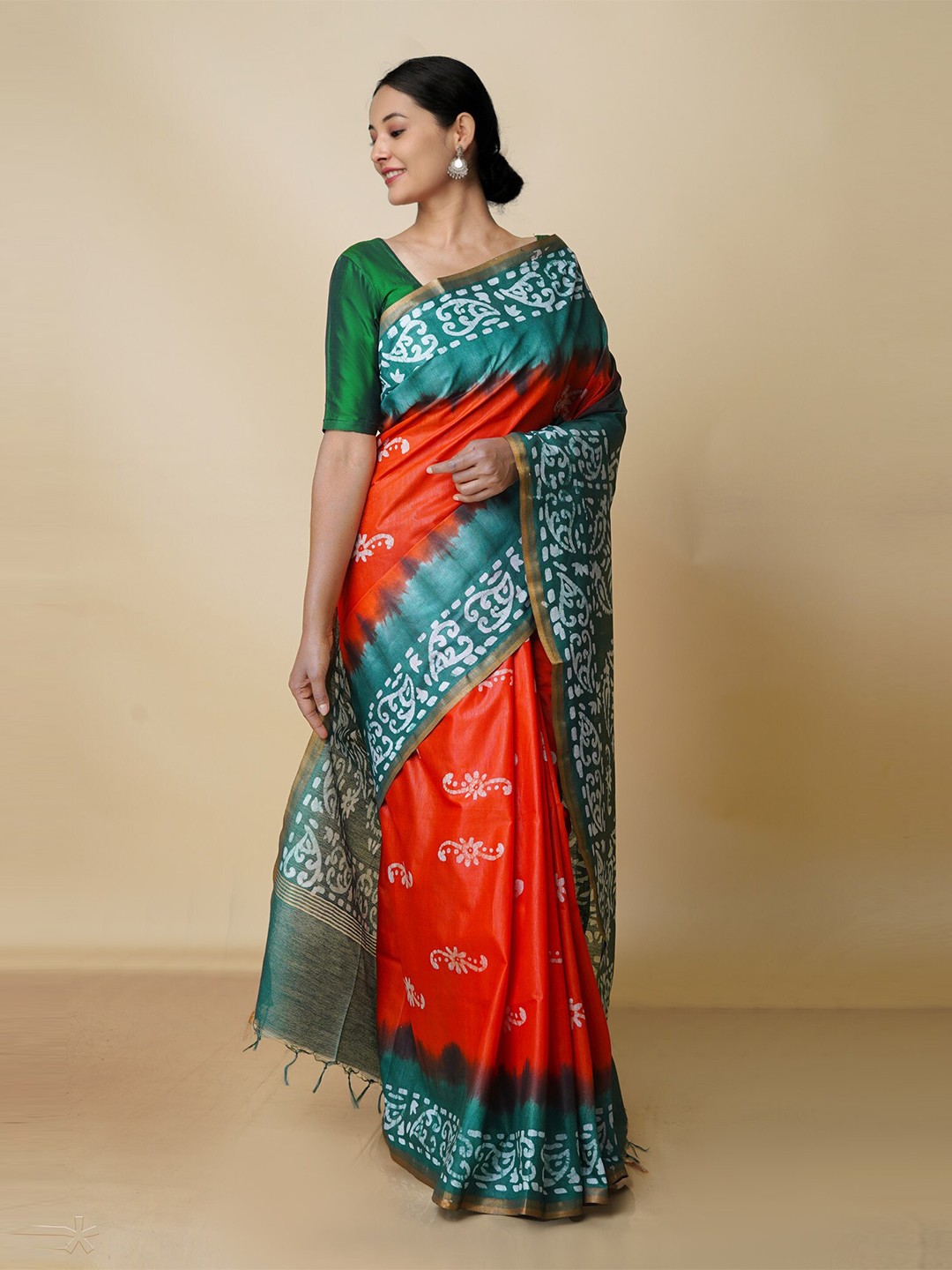 

Unnati Silks Batik Zari Pure Silk Chanderi Saree, Orange